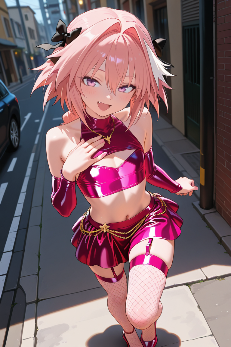 ai generated, astolfo (fate), astolfo (fate/apocrypha), femboy, fishnet stockings, fishnets, latex clothing, male, pink hair, short hair, sissy, solo, stable diffusion, stockings, trans, trap