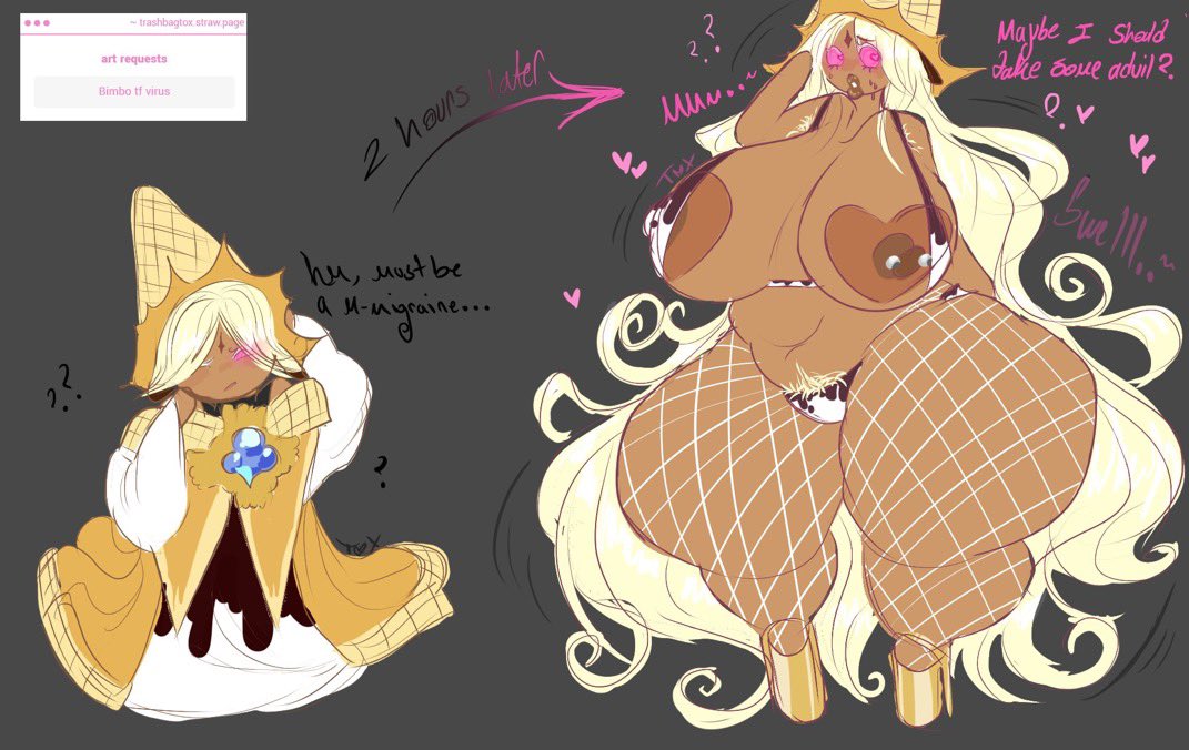 1boy, ass expansion, bimbo, bimbofication, breast expansion, breast growth, breasts, cookie run, cookie run kingdom, female, femvanilla, fishnets, gender transformation, growth, heart-shaped areola, heels, male, pink eyes, pure vanilla cookie, rule 63, toxundercover, transformation, virus, white hair