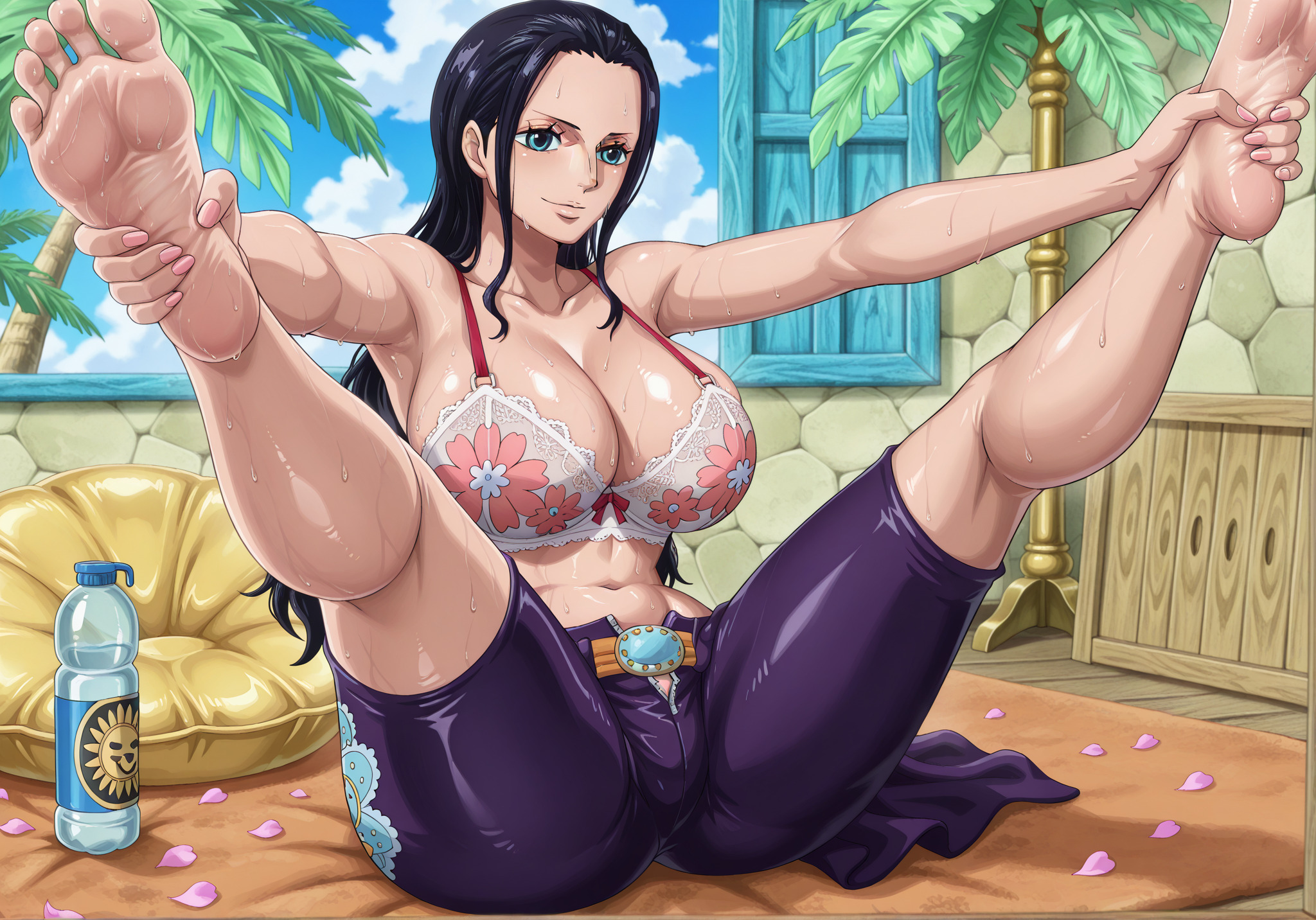 1girls, ai generated, black hair, black-haired female, blue eyes, breasts, ca1nhurst, clothing, feet, female, female only, foot fetish, holding own legs up, large breasts, nico robin, one piece, smile, soles, spread legs, sweat, sweaty feet, toes, wide hips