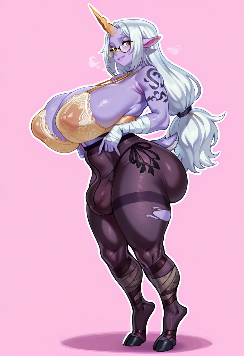 1futa, ai generated, ass, balls, big ass, big balls, big breasts, big bulge, big butt, big penis, big testicles, breasts, bubble ass, bubble butt, bulge, bulge through clothing, curvaceous, curvy figure, futa only, futanari, glasses, gravure soraka, hooves, horn, huge ass, huge breasts, huge butt, intersex, large breasts, league of legends, lingerie, long hair, massive ass, massive breasts, pantyhose, penis, pointy ears, ponytail, purple body, purple skin, ripped clothing, sheath, side view, smile, solo, soraka, standing, testicles, thick thighs, tight clothing, white hair, wide hips