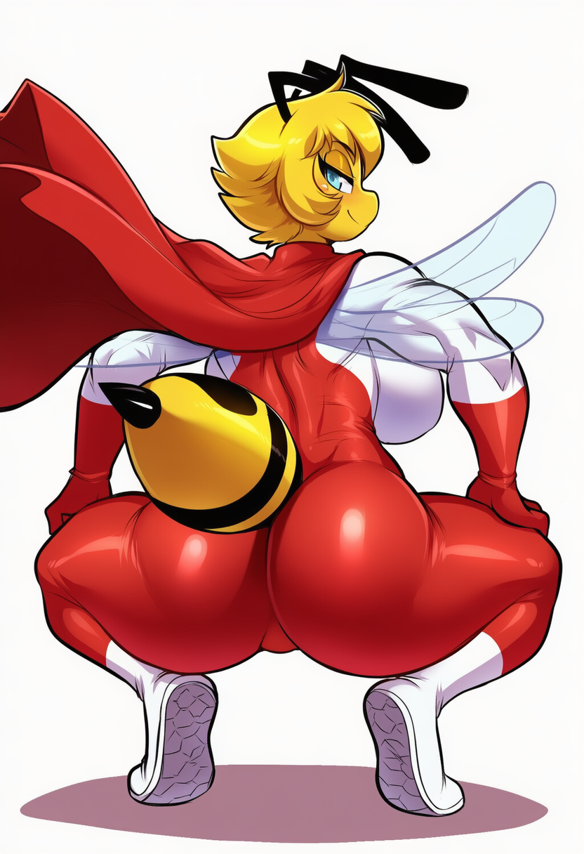 2025 absurd_res ai_generated anthro ass bee big_breasts big_butt blonde_hair blue_eyes bodysuit breasts cape clothing costume crouching female footwear hair hand_on_leg hand_on_thigh hellsonger hi_res hymenopteran looking_at_viewer looking_back non-mammal_breasts omni_man_(cosplay) rear_view shoes simple_background skinsuit smile solo thick_thighs tight_clothing white_background wings