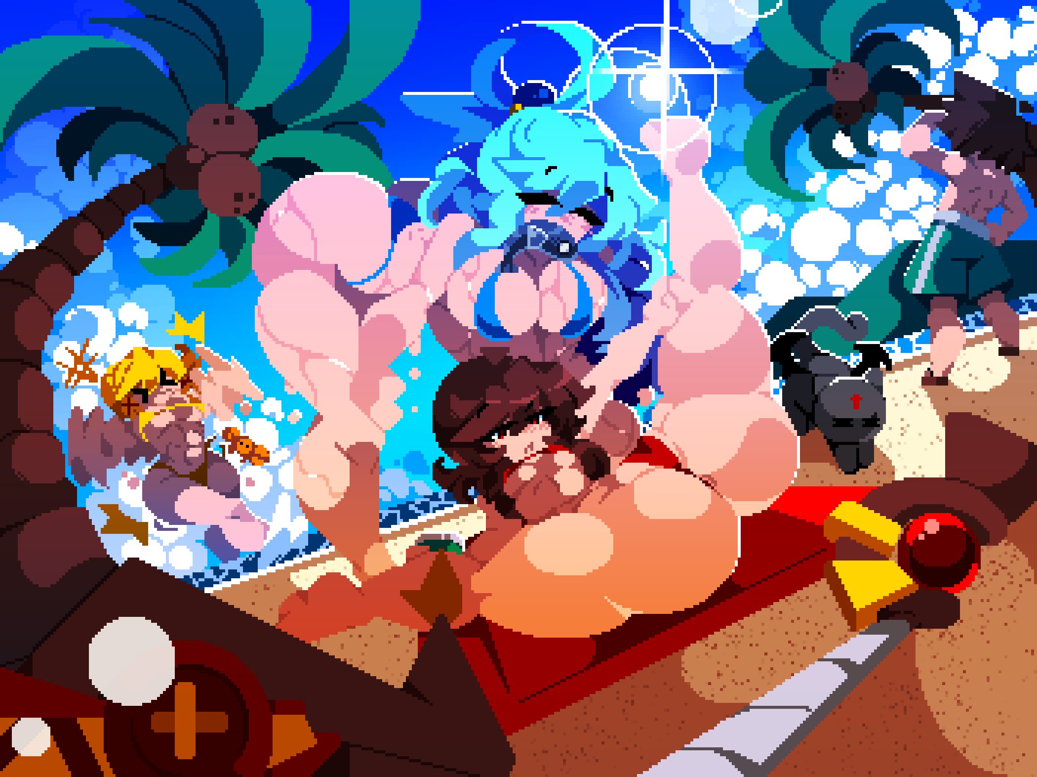 3girls, alternate version available, aqua (konosuba), artist name, ass, beach, big ass, big breasts, bikini, blonde hair, blue clothing, blue eyes, blue hair, blush, breast size difference, breasts, brown hair, bubble butt, cleavage, closed eyes, color, commission, crowd, curvy, curvy female, darkness (konosuba), female, female focus, hi res, huge ass, huge breasts, human, kono subarashii sekai ni shukufuku wo!, laying, light skin, light-skinned female, looking back, looking back at viewer, megumin, orange clothing, pixel art, pose, red clothing, red eyes, satou kazuma, shortstack, tamaco, thick thighs, thighs, tied hair, trio, wide hips, yellow hair