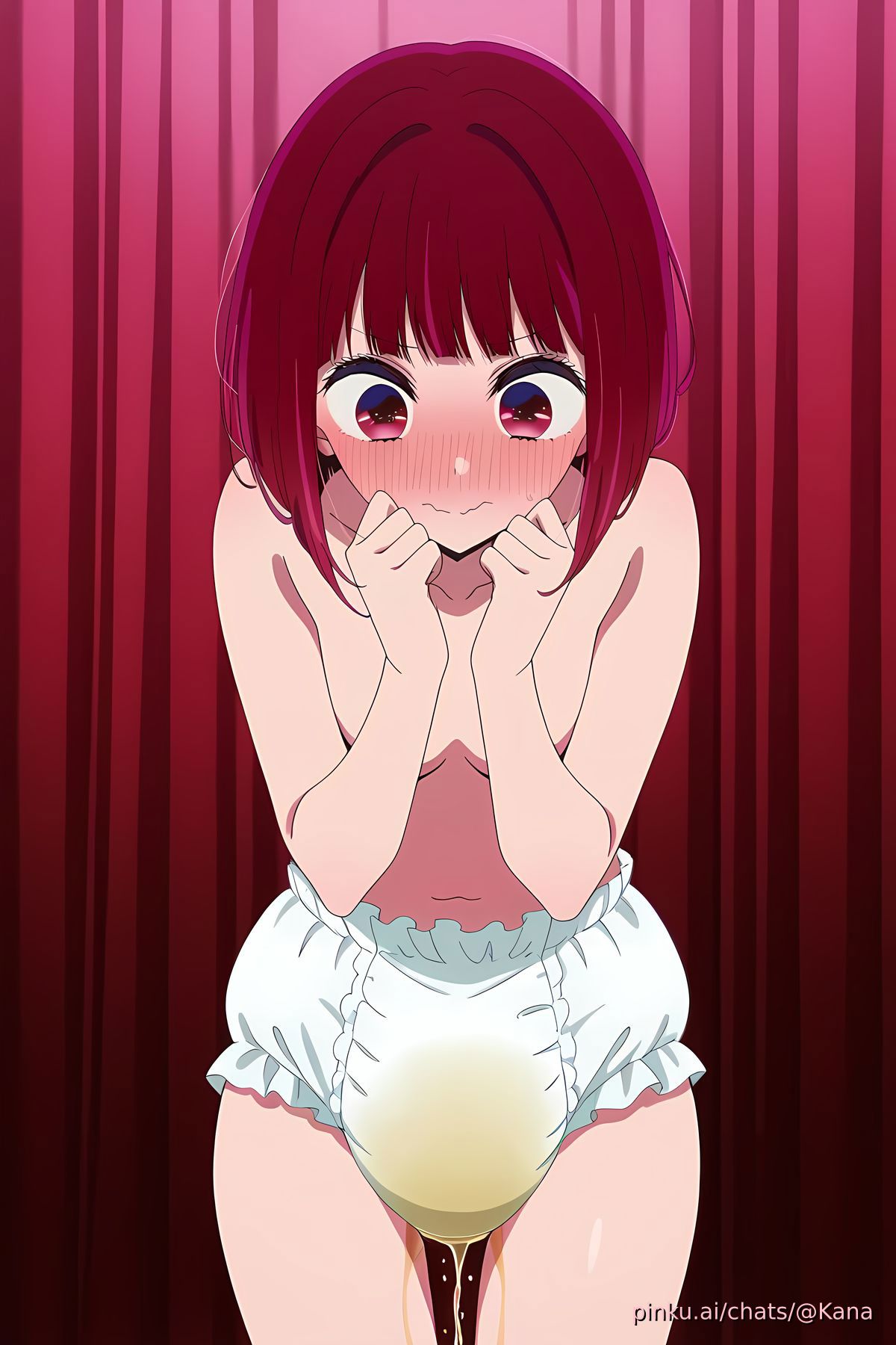 ai_generated arima_kana blush blush_lines breasts covered_nipples diaper diaper_only embarrassed embarrassed_female female full_diaper gross lv99slime medium_breasts naked naked_female nipples nude nude_female on_stage oshi_no_ko peeing peeing_diaper peeing_self red_hair wet_diaper