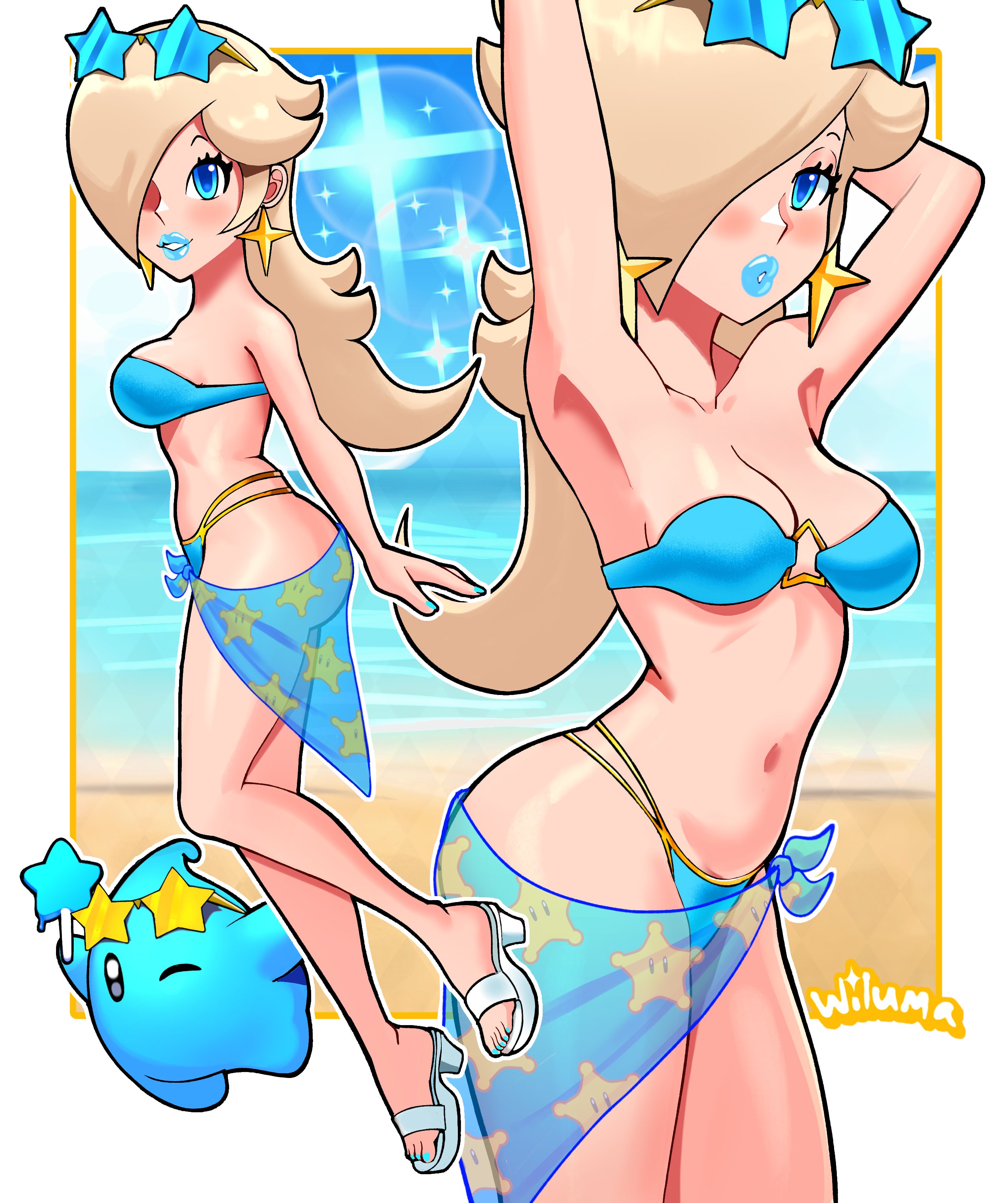 1girls, 2025, 2d, 2d (artwork), 2d artwork, alternate version available, armwear, ass, beach, big ass, big breasts, big butt, big lips, bimbo, blonde hair, blue dress, blue eyes, blue lips, blue lipstick, blue nail polish, blue nails, bracelet, breasts, cleavage, clothing, dress, ear piercing, earrings, female, female focus, footwear, full body, hair, hair over one eye, hand behind head, hand on hip, heart, heart-shaped pupils, heels, hips, legs, light skin, light-skinned female, lips, lipstick, long hair, looking at viewer, luma, mario (series), nail polish, nails, nintendo, princess rosalina, question mark, sea, shiny ass, shiny breasts, shiny butt, shiny hair, shiny skin, shiny thighs, short dress, smile, smiling, smiling at viewer, sparkles, speech bubble, spoken heart, star, summer, swimsuit, thick lips, thighs, toenail polish, water, wiluma, yellow hair