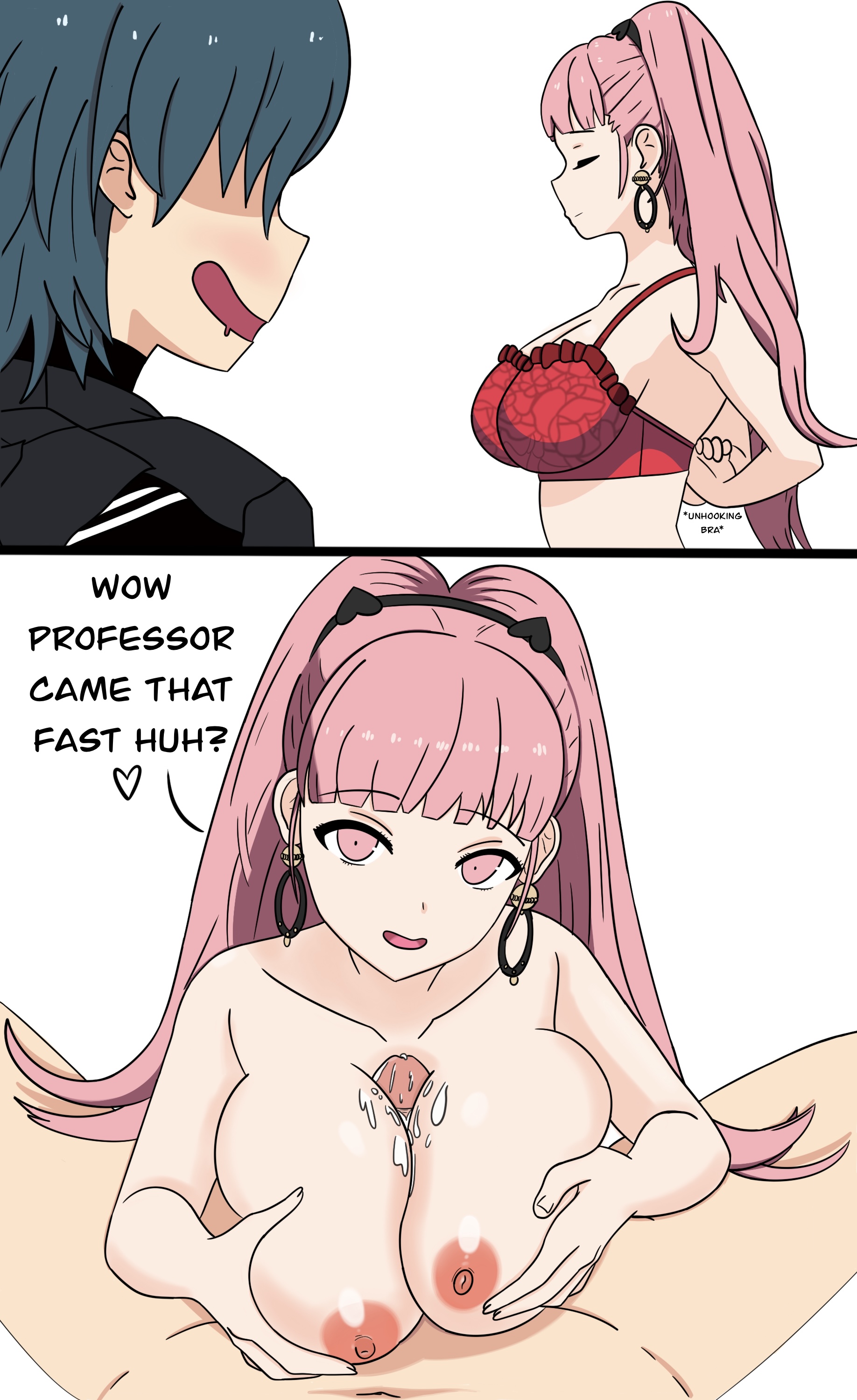 1boy, 1girls, 2koma, alternate breast size, big breasts, breasts, byleth (fire emblem) (male), cum, cum between breasts, cum on breasts, ejaculation between breasts, english text, female, fire emblem, fire emblem: three houses, happy, happy paizuri, happy sex, hilda valentine goneril, kneevirus, large breasts, large penis, lingerie, looking at viewer, male, nude, nude female, paizuri, penis, pink hair, pov, pov eye contact, pov paizuri, premature ejaculation, straight, undressing