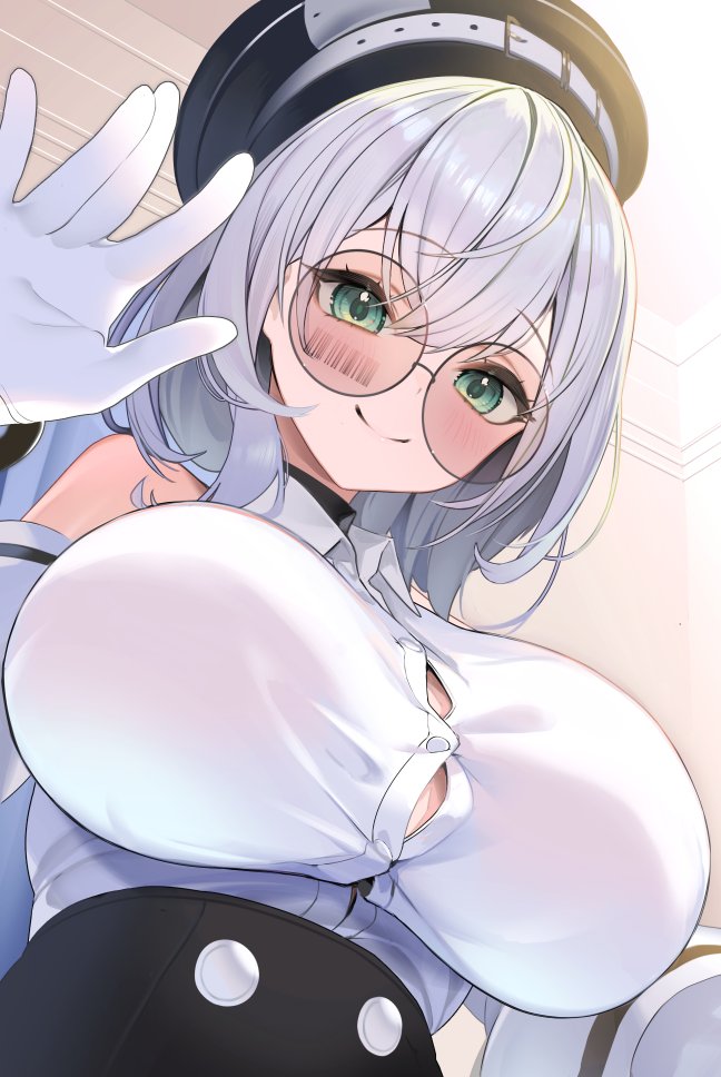 breasts, button gap, commentary request, dokkumaa, female, from below, gloves, green eyes, grey hair, hair between eyes, hat, hololive, hololive fantasy, hololive japan, impossible clothes, large breasts, looking at viewer, shirogane noel, short hair, smile, solo, tinted eyewear, virtual youtuber, vtuber, white gloves, youtube, youtuber, youtuber girl, youtubers
