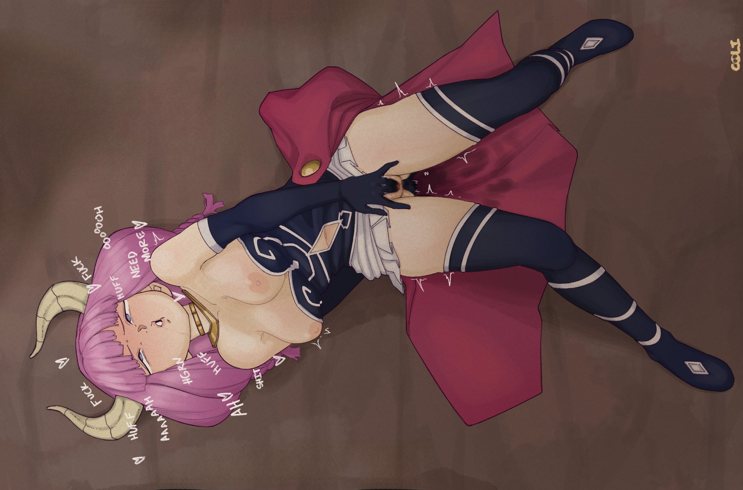 anal fingering, anal masturbation, areolae, aura (sousou no frieren), bangs, bare shoulders, black gloves, black legwear, black thighhighs, blue eyes, blunt bangs, blush, bodily fluids, boots, breasts, clothing, clothing cutout, coli, coliboly, corset, demon, demon girl, demon horns, drooling, edited, elbow gloves, female, female masturbation, female only, female solo, fingering, fingering ass, fingering pussy, fingering self, fit female, footwear, frieren beyond journey's end, functionally nude, functionally nude female, genital fluids, gloves, gold necklace, high resolution, horns, large breasts, legwear, light skin, light-skinned female, long hair, looking pleasured, low-braided long hair, low-tied long hair, lying, masturbation, medium breasts, navel, navel cutout, nipples, open mouth, orgasm face, pantsu, pink hair, pleasured face, purple hair, pussy, saliva, semen, solo, sousou no frieren, spread legs, thighhighs, third-party edit, tied hair, trembling, underwear, vagina, vaginal juice stain, vaginal juices, vaginal masturbation