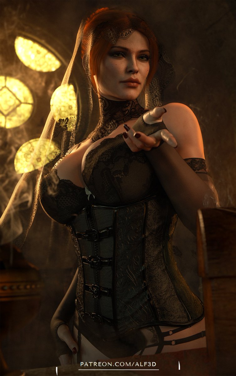 3d, alf3d, anna henrietta, big breasts, black nails, blonde hair, breasts, cd projekt red, clothing, corset, female, garter belt, garter straps, gloves, light skin, light-skinned female, lingerie, looking at viewer, mascara, panties, solo, solo female, the witcher (series), the witcher 3: wild hunt, veil