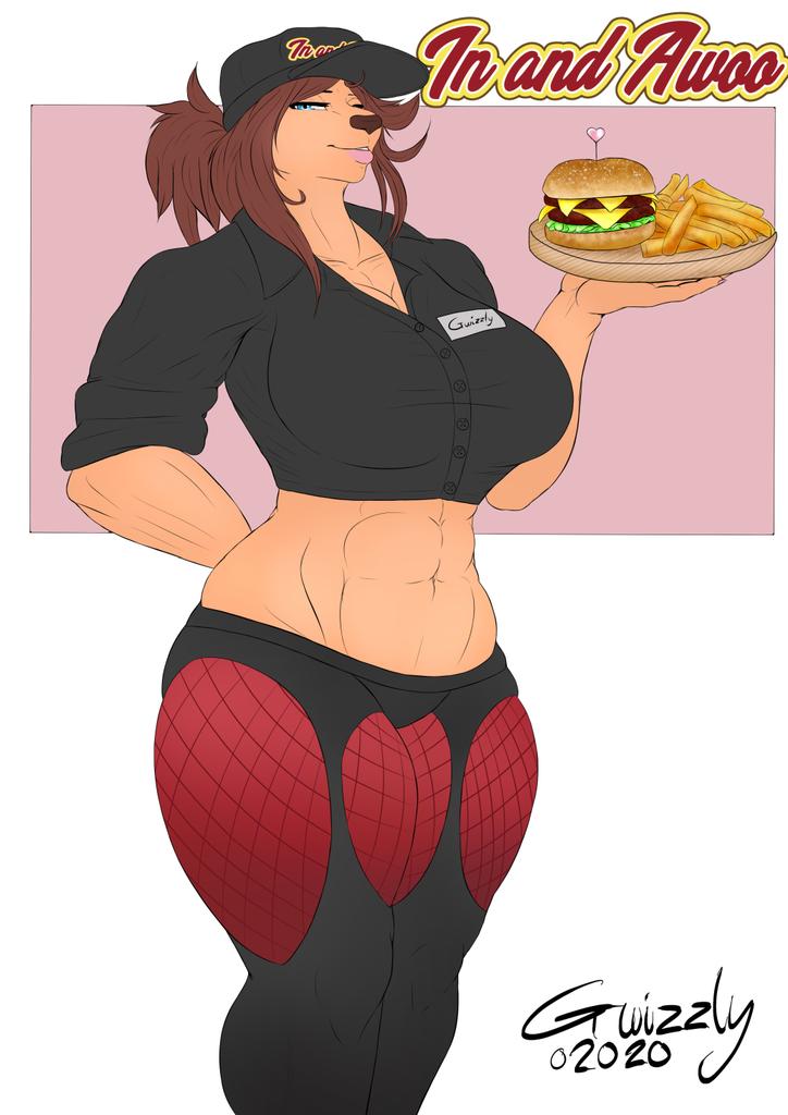 2020, abs, female, food, gwizzly, muscular, muscular anthro, muscular female, roxie (gwizzly), tagme, waitress