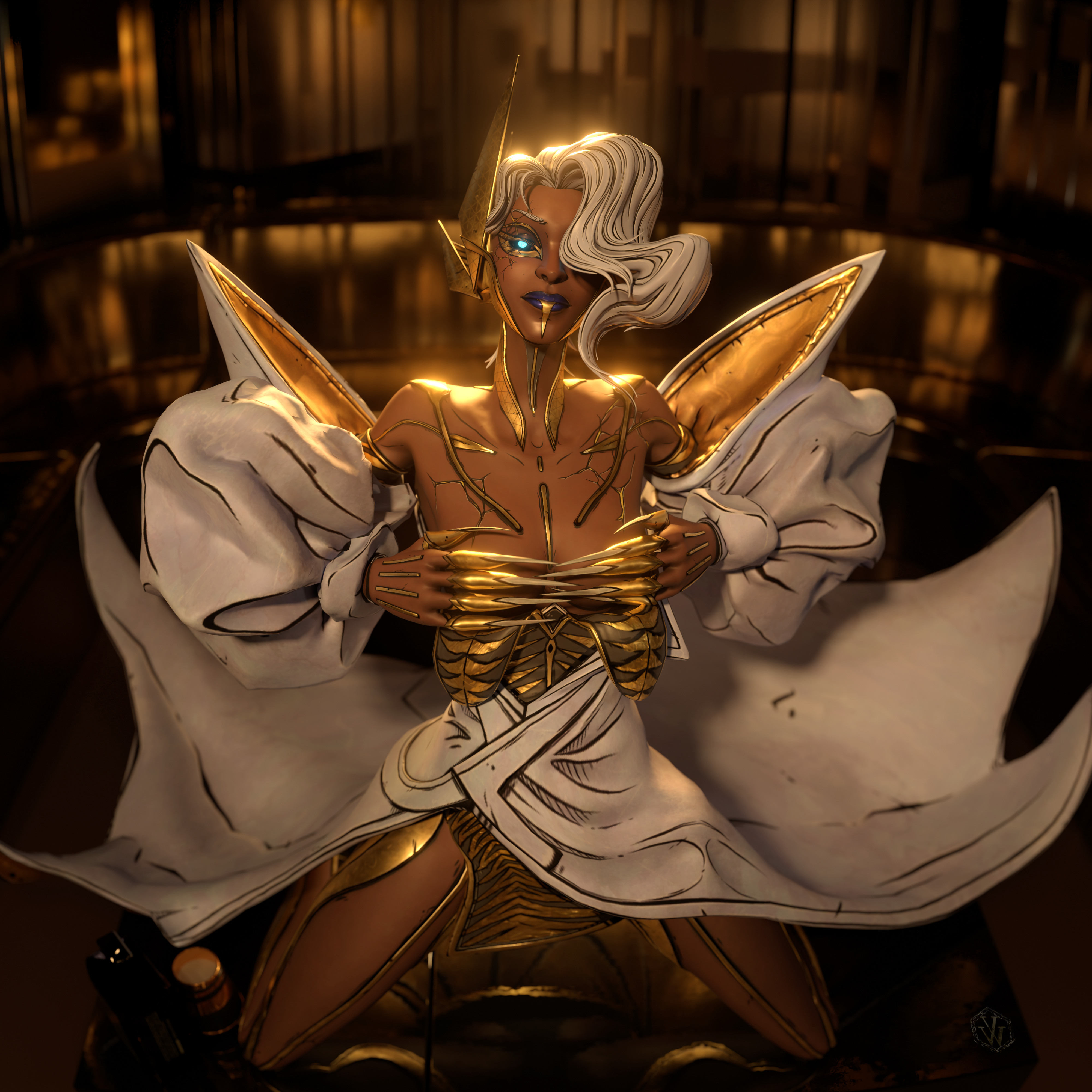 1girls, 3d, borderlands, borderlands 4, breasts, covered nipples, covering breasts, dark-skinned female, dress down, female, female only, first porn of character, glowing eyes, gold jewelry, kneeling, legs apart, levaine (borderlands), solo, solo female, v01dwatcher, white hair