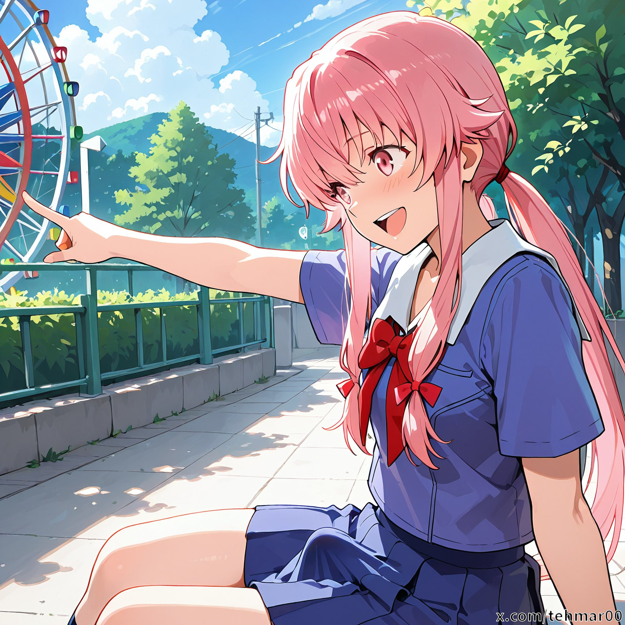 1boy, ai generated, amusement park, bulge, femboy, gasai yuno, genderswap (ftm), male, mirai nikki, outdoors, pink eyes, pink hair, pointing, ponytail, rule 63, school uniform, tagme, tehmar, tied hair, trans woman, transfem, trap