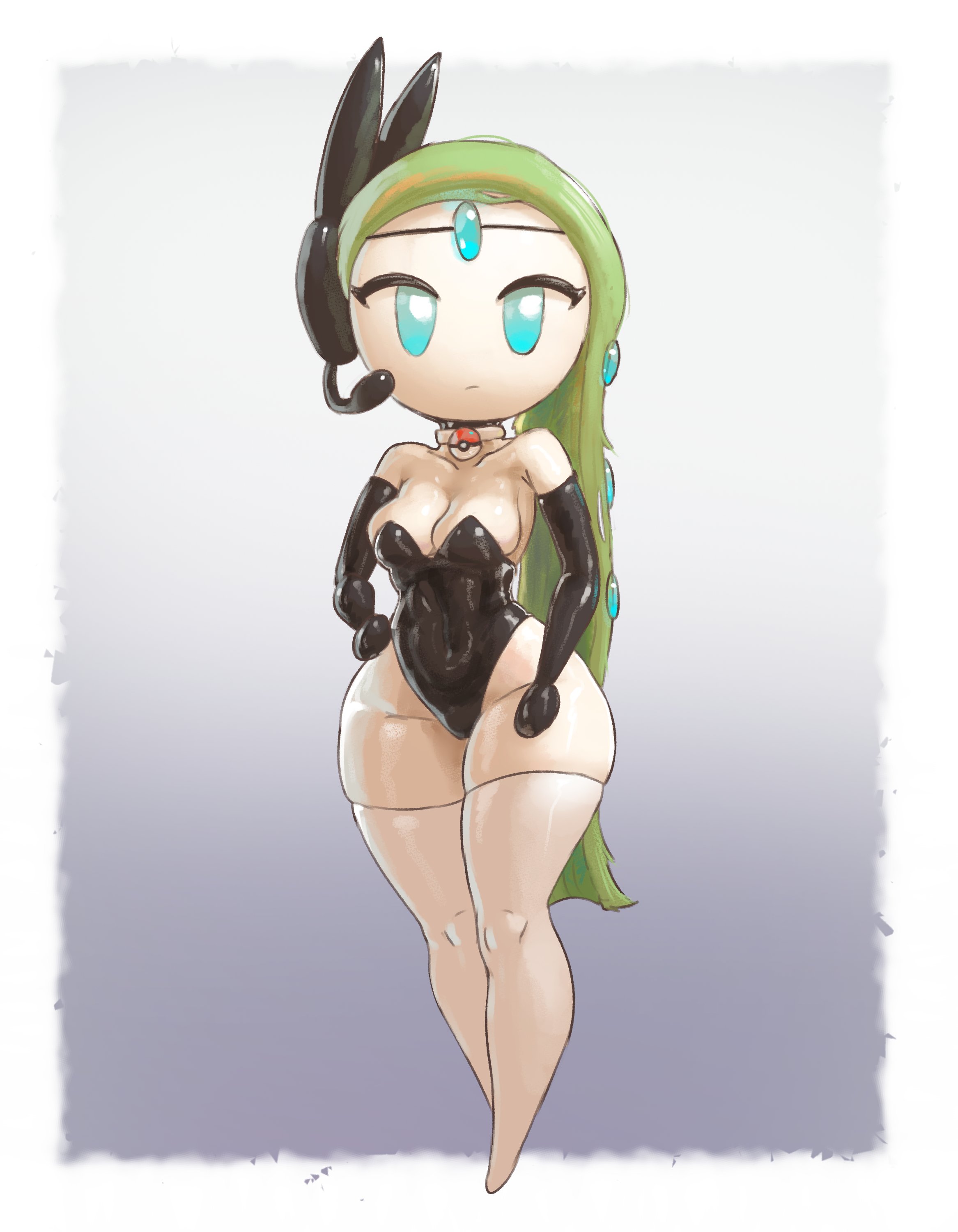 blue eyes, bunnysuit, female, green hair, legendary pokemon, meloetta, mythical pokemon, pokemon, salt lick1, solo, thick thighs, white stockings, wide hips
