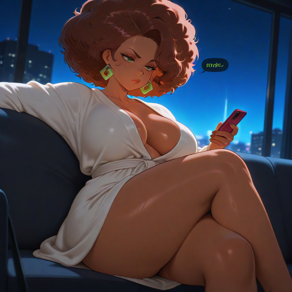 afro, ai generated, annoyed expression, big breasts, bigbizarts, breasts, brown skinned female, curvaceous figure, female, hazel eyes, mature female, milf, on couch, original character, phone, robe