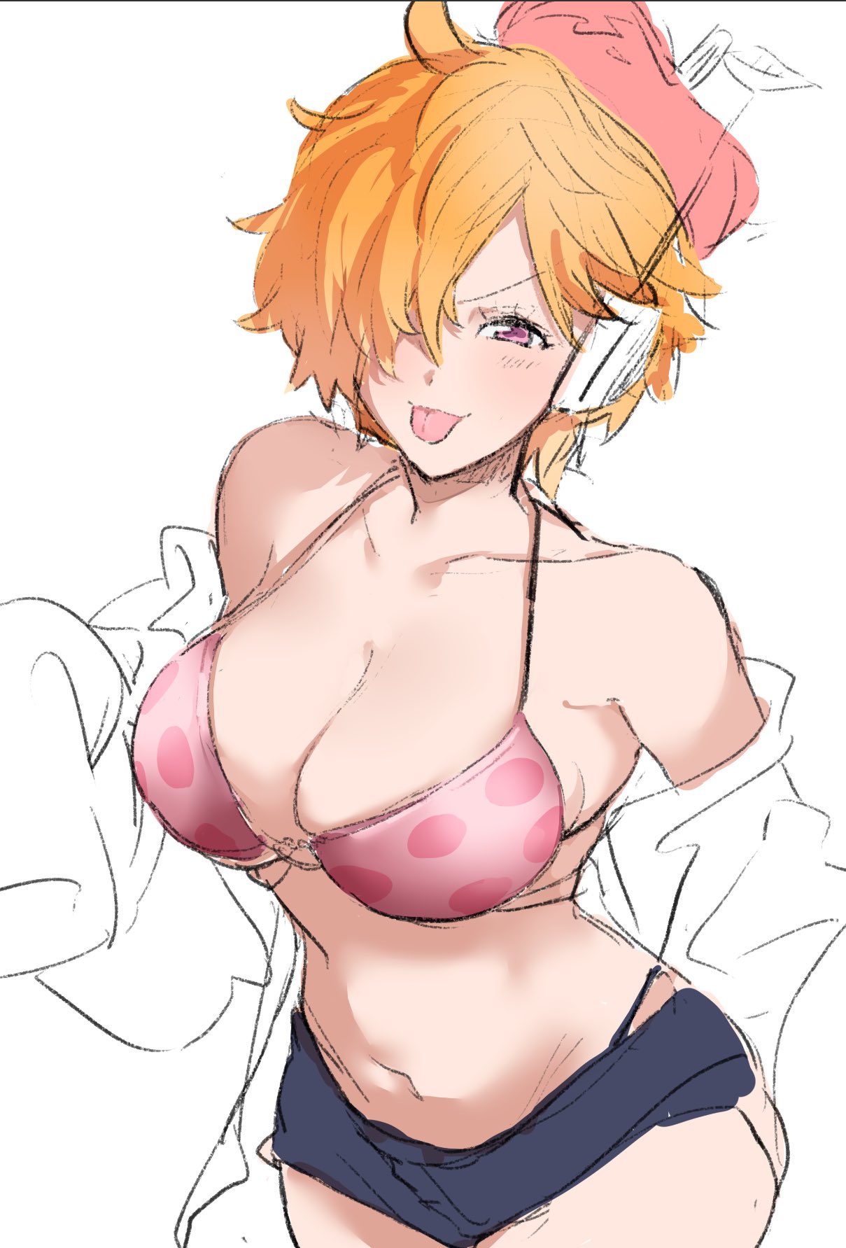 1girls, bare shoulders, bare thighs, beret, bikini, bikini top, blonde hair, breasts, cleavage, clothing, coat, collarbone, female, female only, hair over one eye, half-closed eyes, hat, high resolution, highres, hourglass figure, large breasts, looking at viewer, midriff, narrow waist, naughty face, navel, o-ring, o-ring bikini, off shoulder, pink eyes, short hair, shorts, shoulders, simple background, smile, smug, solo, standing, sticking out tongue, string bikini, swimsuit, teasing, thick thighs, thighs, tongue, tongue out, undressing, white background, wide hips