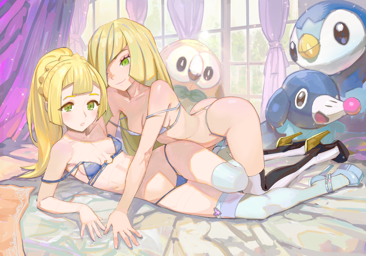 2girls, all fours, alternate costume, alternate version available, ass, bikini, blonde hair, blue bikini, blue shoes, breasts, character doll, closed mouth, collarbone, commentary request, curtains, day, doll, double strap slip, eyelashes, eyeshadow, female, green eyes, high heels, indoors, lillie (pokemon), long hair, looking down, lusamine (pokemon), makeup, mother and daughter, multiple females, multiple girls, nintendo, piplup, plushie, pokemon, pokemon sm, popplio, rowlet, shoes, smile, swimsuit, thighhighs, window, yugen99, yuri