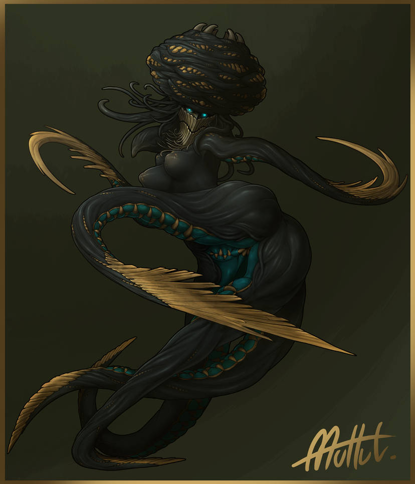 1girls, anthro, anthrofied, ass, blade, blue eyes, breasts, brown background, cephalopod, cephalopod humanoid, curvaceous, curvaceous female, curvaceous figure, curves, curvy, curvy body, curvy female, curvy figure, dynamic pose, fangs, featureless breasts, female, female only, glowing eyes, hips, huge head, large breasts, monster girl, monster hunter, monster hunter wilds, mucus, muhut, no humans, no legs, no nipples, signature, teeth, tentacle, tentacle hair, tentacles, wide hips, xu wu