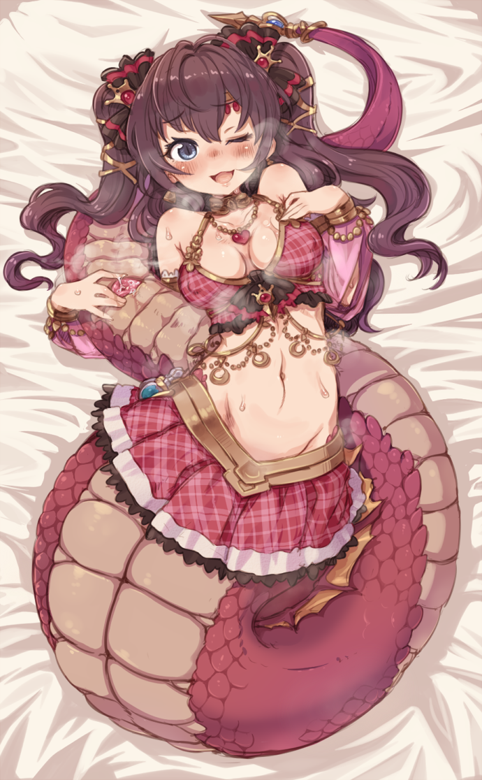 1girls 7010 :3 bare_shoulders blush breasts brown_hair cleavage cloaca clothing detached_sleeves female groin heart heart_necklace ichinose_shiki idolmaster idolmaster_cinderella_girls jewelry lamia long_hair looking_at_viewer lying medium_breasts midriff monster_girl monster_pussy naga navel nose_blush one_eye_closed plaid plaid_skirt pussy red_skirt scales shingeki_no_bahamut silver_eyes skirt slit_pupils smile solo spread_pussy sweat tied_hair twintails