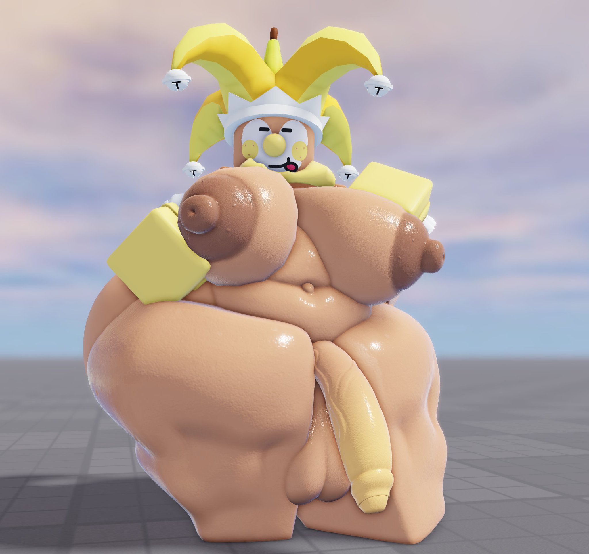 1futa, 3d, banana peel (die of death), baseplate, bbw, big breasts, boxingstudio, breasts, chubby, chubby futa, civilian (die of death), clown nose, die of death (roblox), futanari, hung futa, jester hat, long penis, roblox, roblox game, robloxian, sweat, sweaty, thick thighs