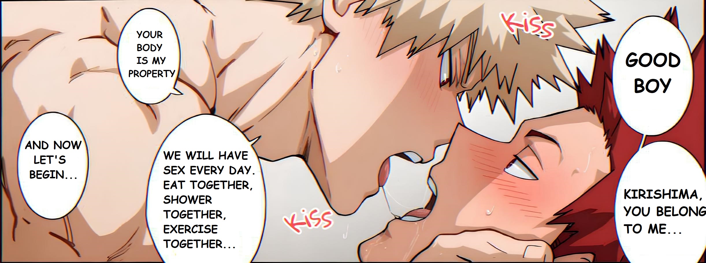 2boys, ai generated, domination, eijirou kirishima, gay, gay domination, gay male, katsuki bakugou, kissing, male, male only, male/male, muscles, muscular, muscular male, my hero academia, open mouth, sex, sweat, teenager, text, yaoi