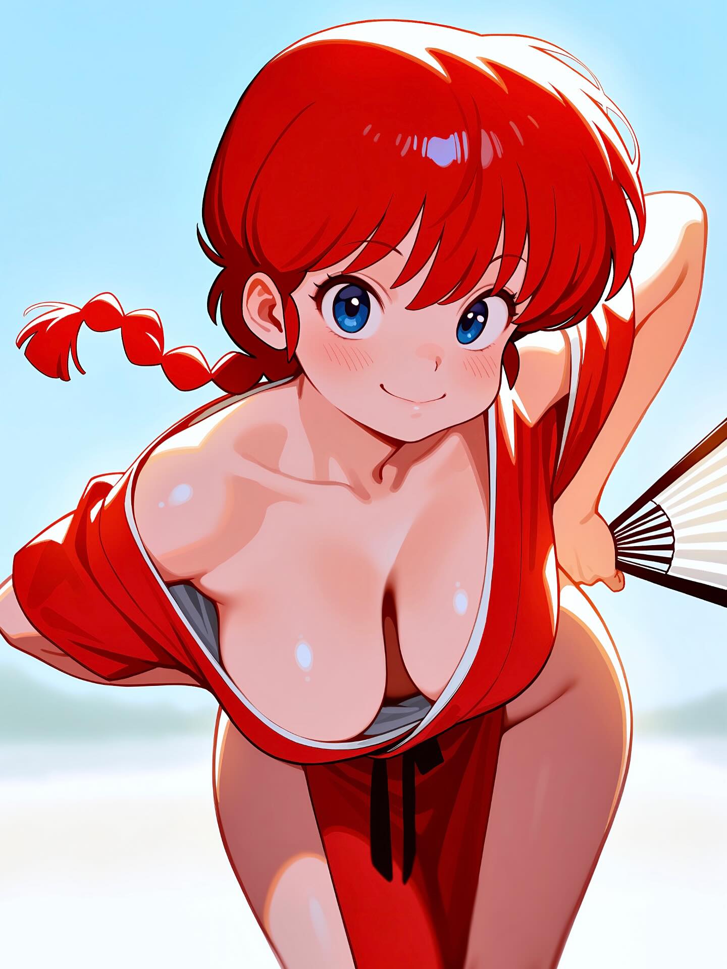ai generated, breasts, chinese clothes, deep cleavage, female, hanging breasts, huge breasts, looking at viewer, ranma 1/2, ranma saotome, ranma-chan