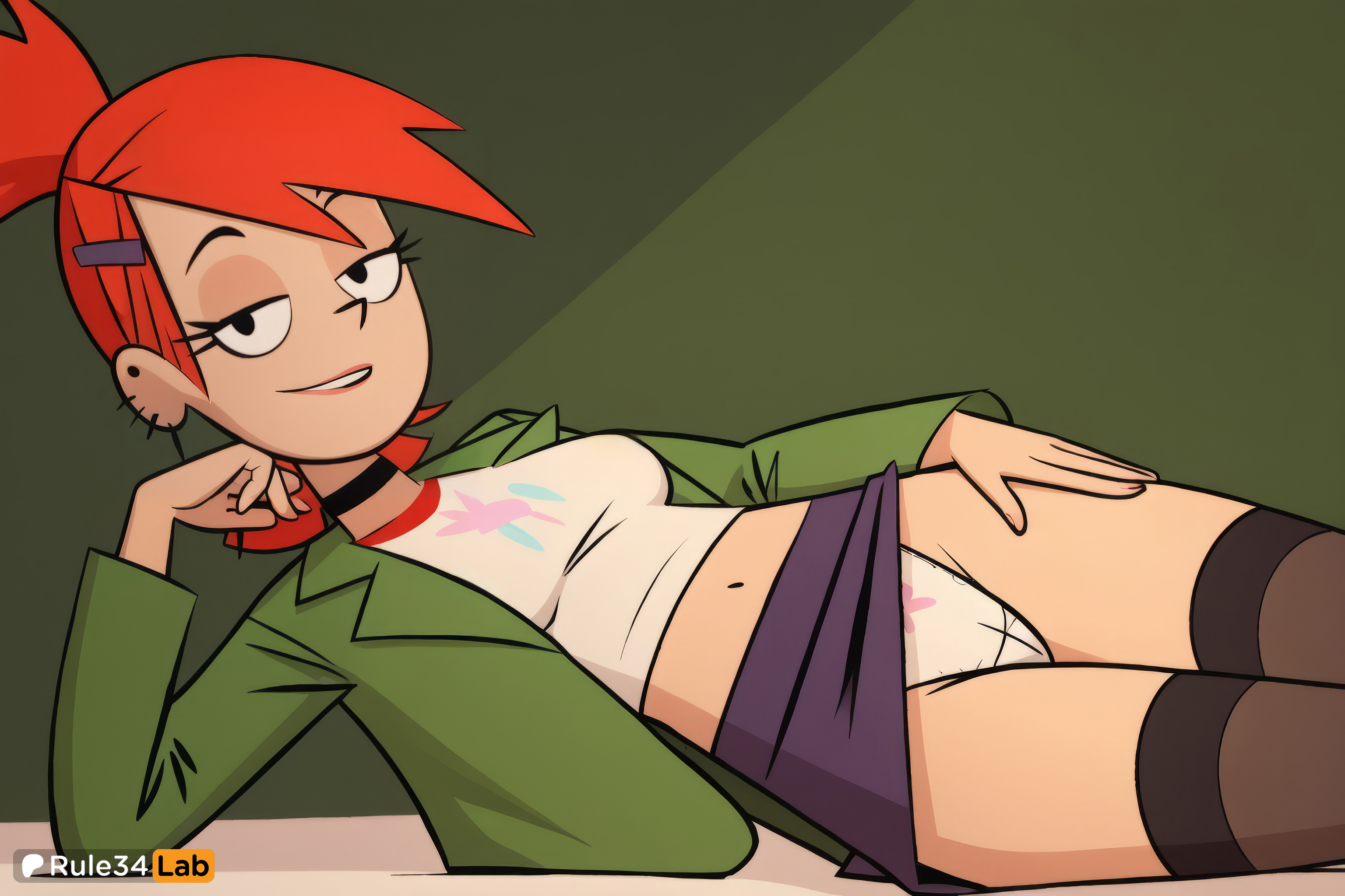1girls, ai generated, artist name, black choker, black eyes, black thighhighs, breasts, cameltoe, cartoon network, choker, clothes lift, crop top, cropped shirt, ear piercing, earrings, female, female only, foster's home for imaginary friends, frankie foster, green jacket, hair ornament, hairclip, half-closed eyes, hand on own thigh, hi res, jacket, jewelry, long sleeves, looking at viewer, lying, makeup, medium breasts, midriff, miniskirt, navel, on side, open clothes, open jacket, panties, pantyshot, parted lips, piercing, ponytail, purple skirt, pussy, red hair, rule34lab, shirt, skirt, skirt lift, smile, smug, solo, stud earrings, thighhighs, underwear, white panties, white shirt