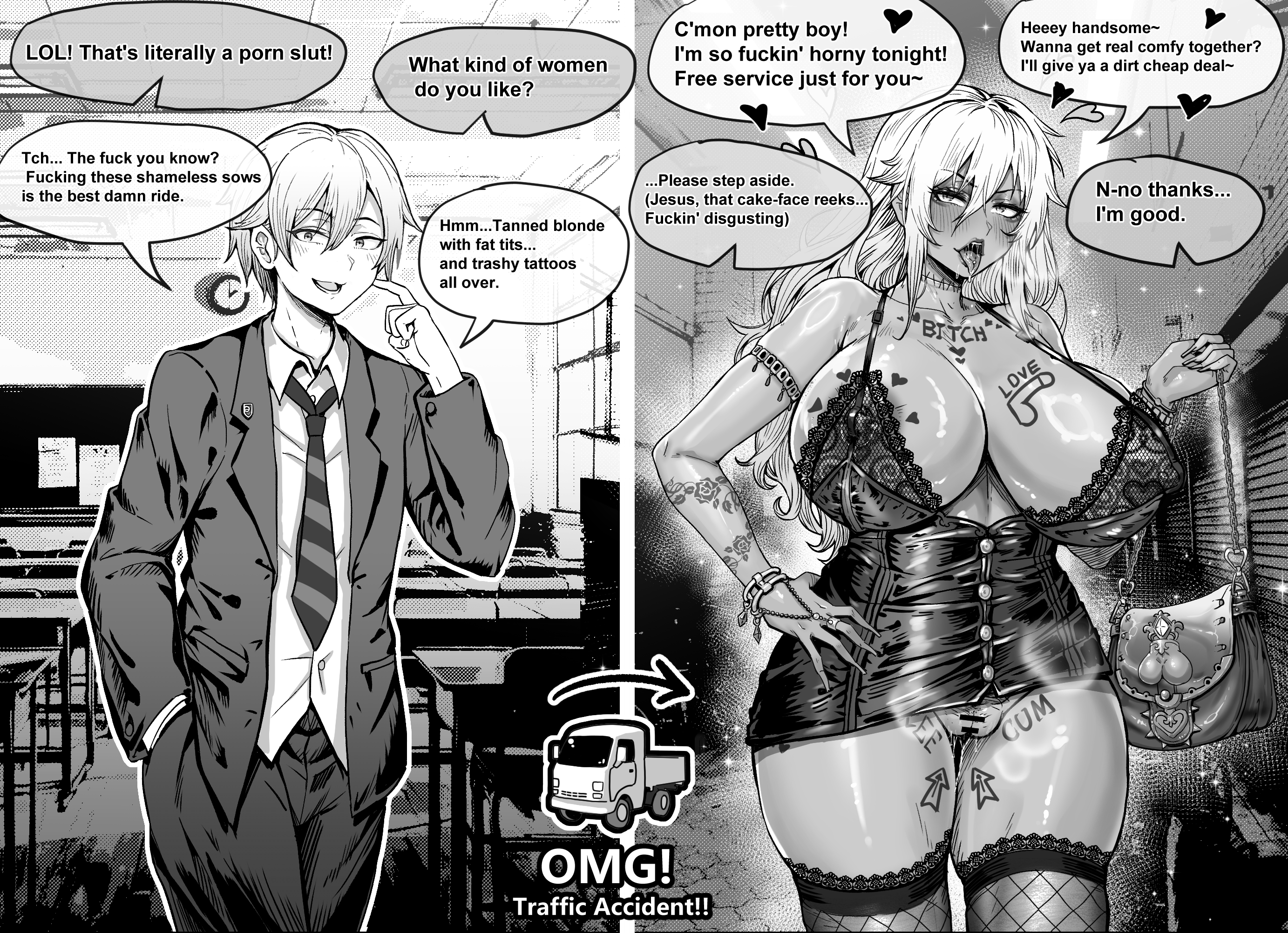 1boy, arm tattoo, armlet, bar censor, bimbofication, body part swap, body writing, bracelet, breast tattoo, breasts, censored, chest tattoo, chouzetsu ero don, comic, commission, corruption, dress, english, english text, female, female pubic hair, fingernails, fishnet thighhighs, fishnets, genderswap (mtf), greyscale, hair between eyes, head swap, head transplant, heart, highres, huge breasts, jewelry, large breasts, long fingernails, long hair, male, male head/female body, monochrome, nipple piercing, nipple rings, nipples, no panties, original, piercing, pixiv commission, pubic hair, pussy, rule 63, sato (chouzetsu ero don), scar, scar on neck, shiokawa toru, short dress, short hair, speech bubble, spoken heart, stitched neck, stitches, tattoo, text, thighhighs, tongue, tongue out