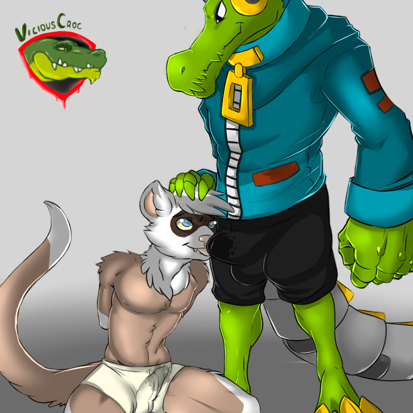 bulge clothed clothing crocodile crocodilian crotch_sniffing erection erection_under_clothes ferret hand_on_head hands_behind_back kneeling latch lethal_league licking male mammal mustelid reptile scalie standing tongue tongue_out underwear viciouscroc wet_spot yaoi