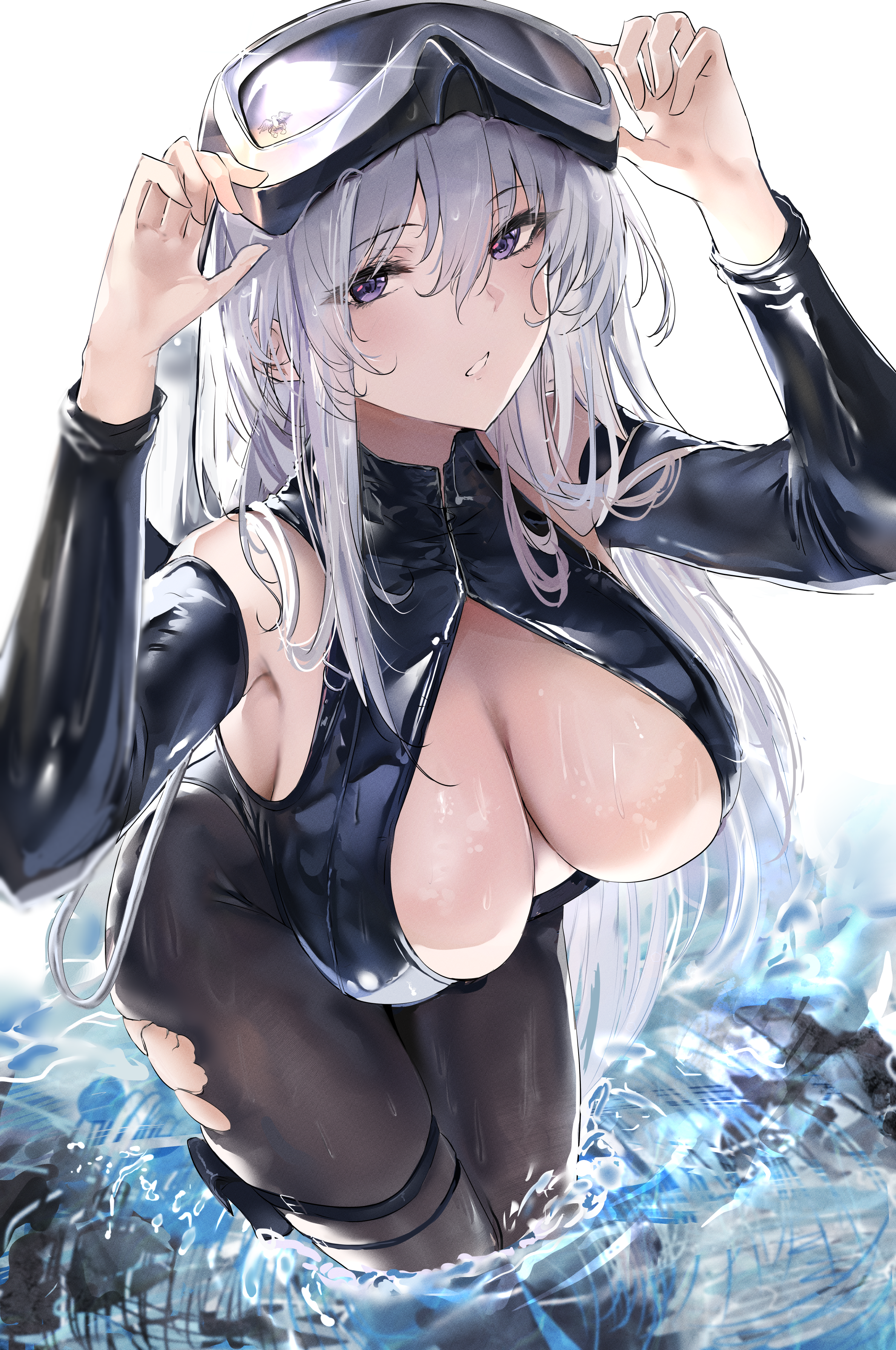 armpit cutout, armpits, arms up, azur lane, bare shoulders, black pantyhose, blush, bodysuit, breasts, cg, cleavage, cleavage cutout, clothing cutout, detached sleeves, diving suit, enterprise (azur lane), enterprise (diving under blue skies) (azur lane), eyewear on head, female, front zipper swimsuit, goggles, goggles on head, grey hair, hair between eyes, hat, large breasts, liaowen, long hair, looking at viewer, official alternate costume, pantyhose, parted lips, purple eyes, silver hair, smile, solo, swimsuit, thigh strap, thighs, torn clothes, torn pantyhose, very long hair, wading, water, wet, wetsuit, white background, white hair, zipper bikini