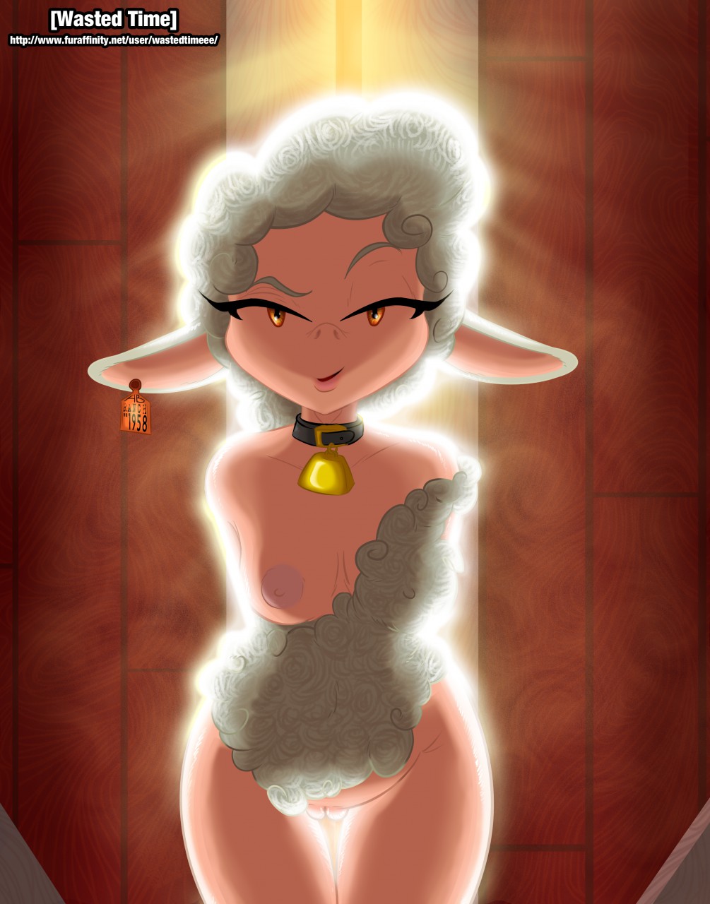 anthro breasts brown_eyes caprine collar ear_tag female leggy_lamb mammal nipples pussy raised_eyebrow sheep sheep_wrecked smile solo wastedtimeee