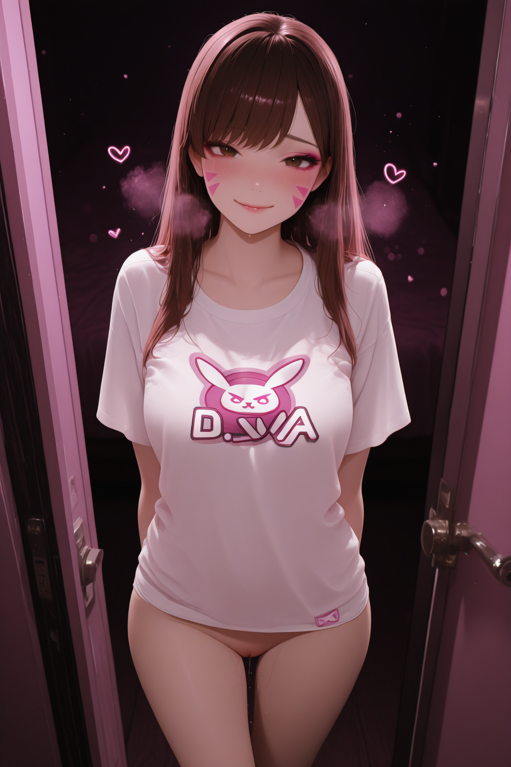 1girl 1girls ai_generated arm_behind_back arms_behind_back blush boosty bottomless breasts breath brown_eyes brown_hair casual closed_mouth clothes_writing collarbone cowboy_shot d.va door doorway facepaint facial_mark female head_tilt heart heavy_breathing horny horny_female indoors infit intimate inviting legs_together lips long_hair looking_at_viewer love medium_breasts naughty_face no_panties no_pants opakyl overwatch overwatch_2 passionate pink_lips pov_doorway print_shirt pussy pussy_juice rabbit_print romantic seductive seductive_look seductive_smile sensual sexually_suggestive shirt short_sleeves sidelocks smile solo solo_female solo_focus stable_diffusion standing steam steaming_body suggestive suggestive_look suggestive_pose sweat swept_bangs t-shirt thigh_gap thighs uncensored whisker_markings white_shirt wholesome