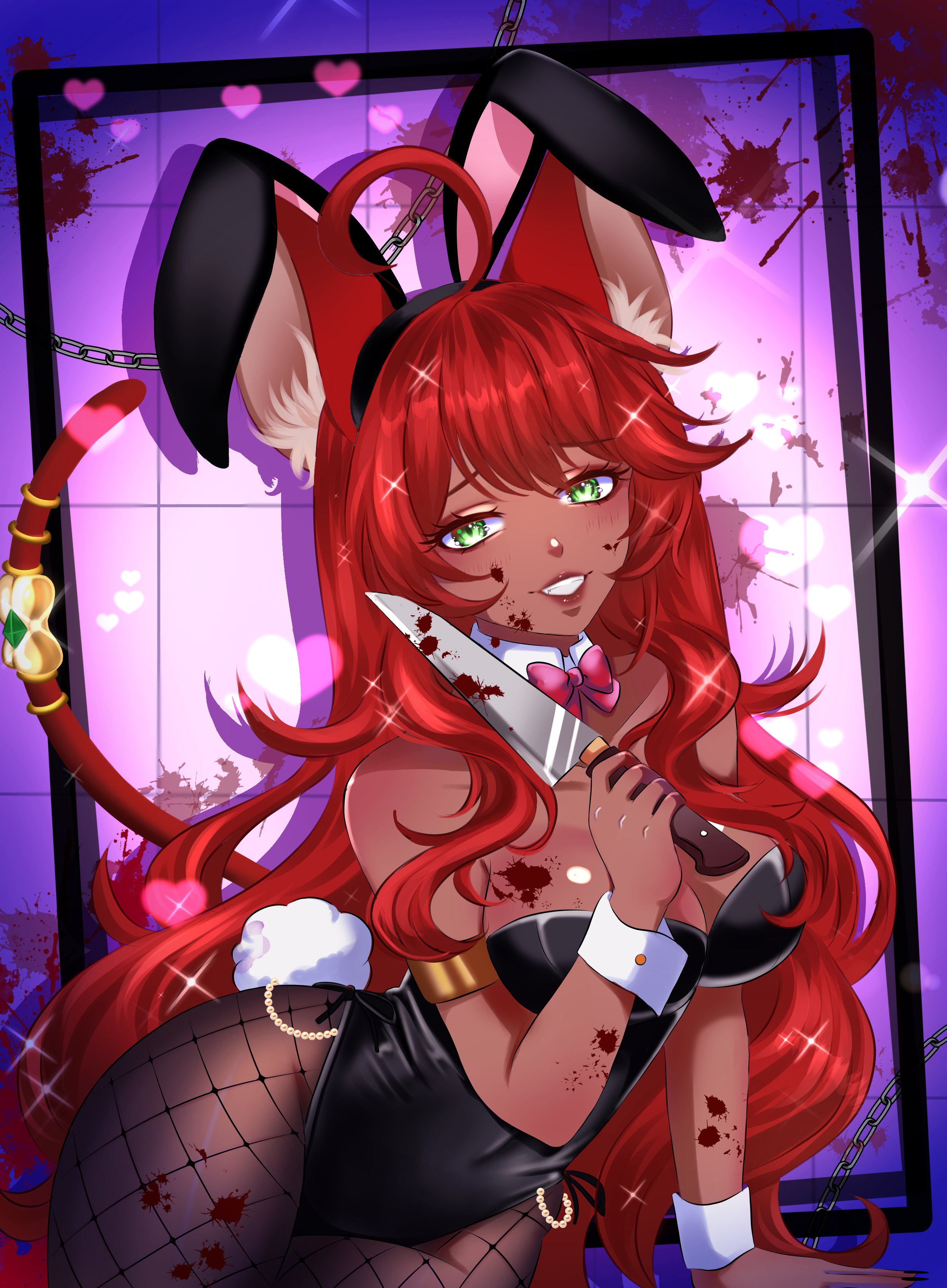 aliciaxlife, blood on face, blood stain, breasts, bunny ears, bunny girl, bunnysuit, dark skin, dark-skinned female, female, gold jewelry, green eyes, indie virtual youtuber, jewelry, knife, looking at viewer, mouse, mouse ears, mouse girl, playboy bunny, queen, rat, rat girl, rat tail, red hair, solo, solo female, virtual youtuber, vtuber, yandere, youtuber