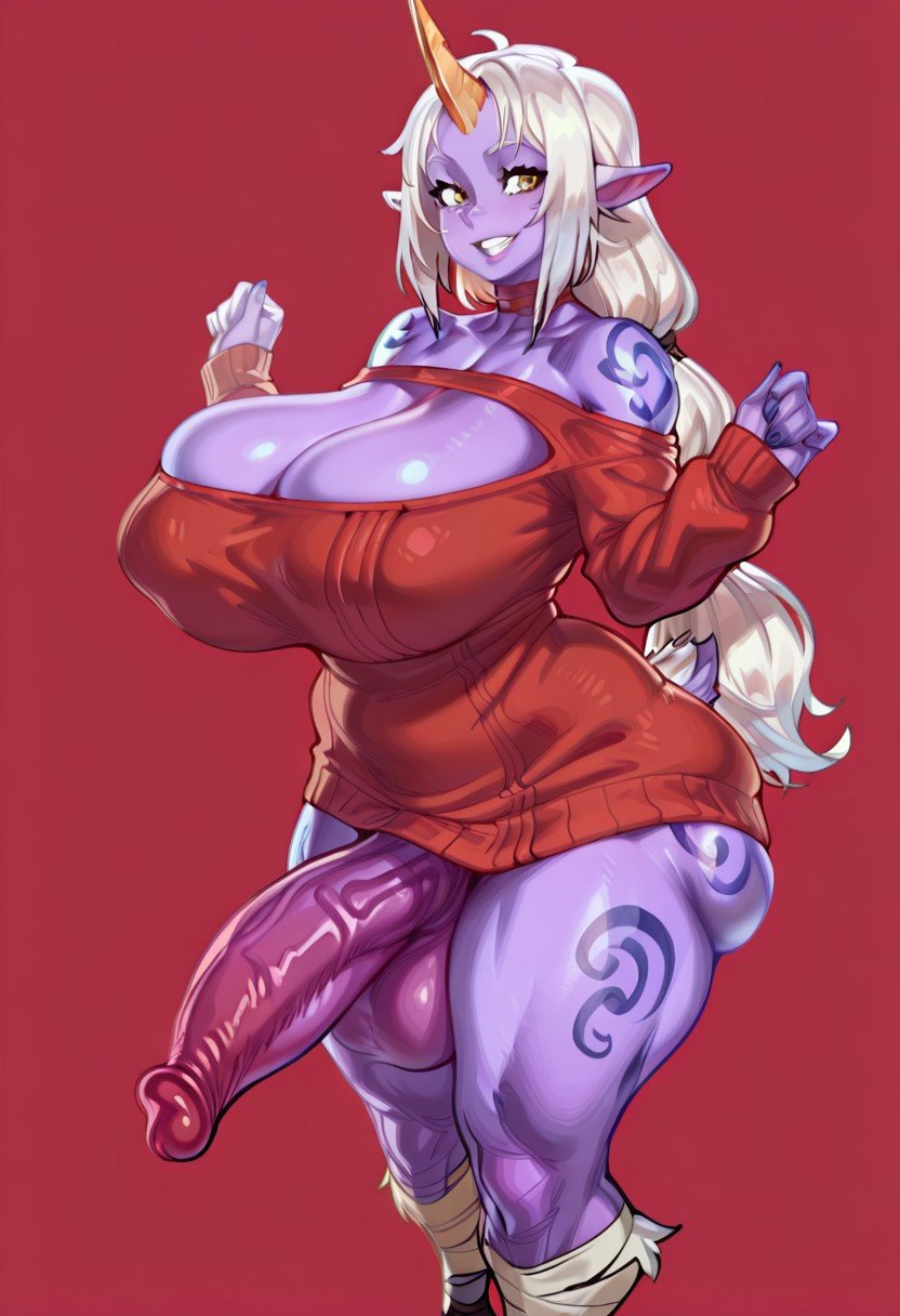 ai generated, ass, breasts, cosplay, curvy, curvy figure, futanari, gravure soraka, huge ass, huge breasts, huge cock, intersex, league of legends, massive breasts, penis, red sweater, soraka, tagme, yor briar (cosplay)