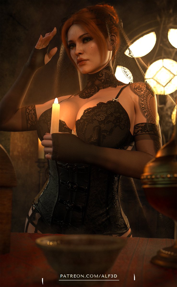 3d, alf3d, anna henrietta, big breasts, blonde hair, breasts, cd projekt red, clothing, corset, female, gloves, light skin, light-skinned female, lingerie, looking at viewer, mascara, solo, solo female, the witcher (series), the witcher 3: wild hunt, veil