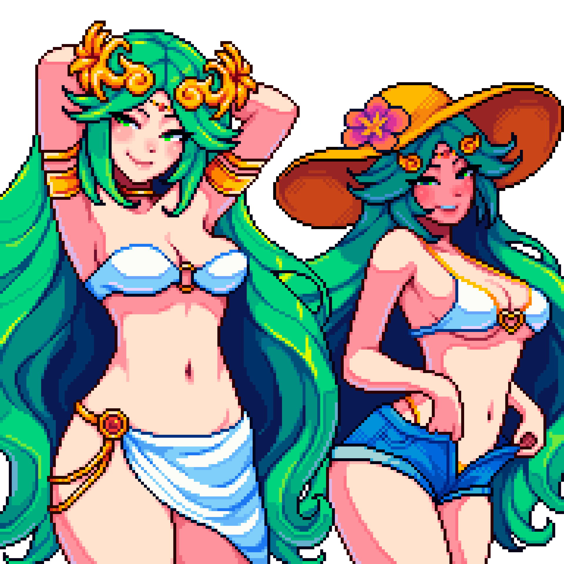 armpits arms_up aseprite_(medium) blush breasts cleavage commentary english_commentary female flower green_eyes green_hair hat hat_flower highres kid_icarus large_breasts long_hair looking_at_viewer multiple_views navel nintendo paid_reward_available palutena pixel_art simple_background smile thick_thighs thighs very_long_hair white_background wide_hips yumykon