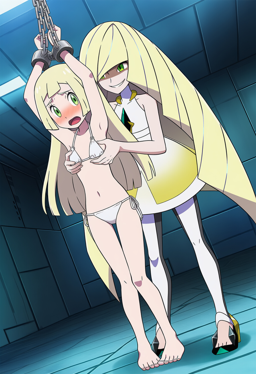 2girls, ai generated, blonde female, blonde hair, blush, bondage, chained, chained up, clothing, empty room, facility, female, female only, grabbing, green eyes, lillie (pokemon), long hair, lusamine (pokemon), mother and daughter, mother on daughter, multiple females, multiple girls, pokemon, pokemon sm, shoes, smiling, white bikini, yuri