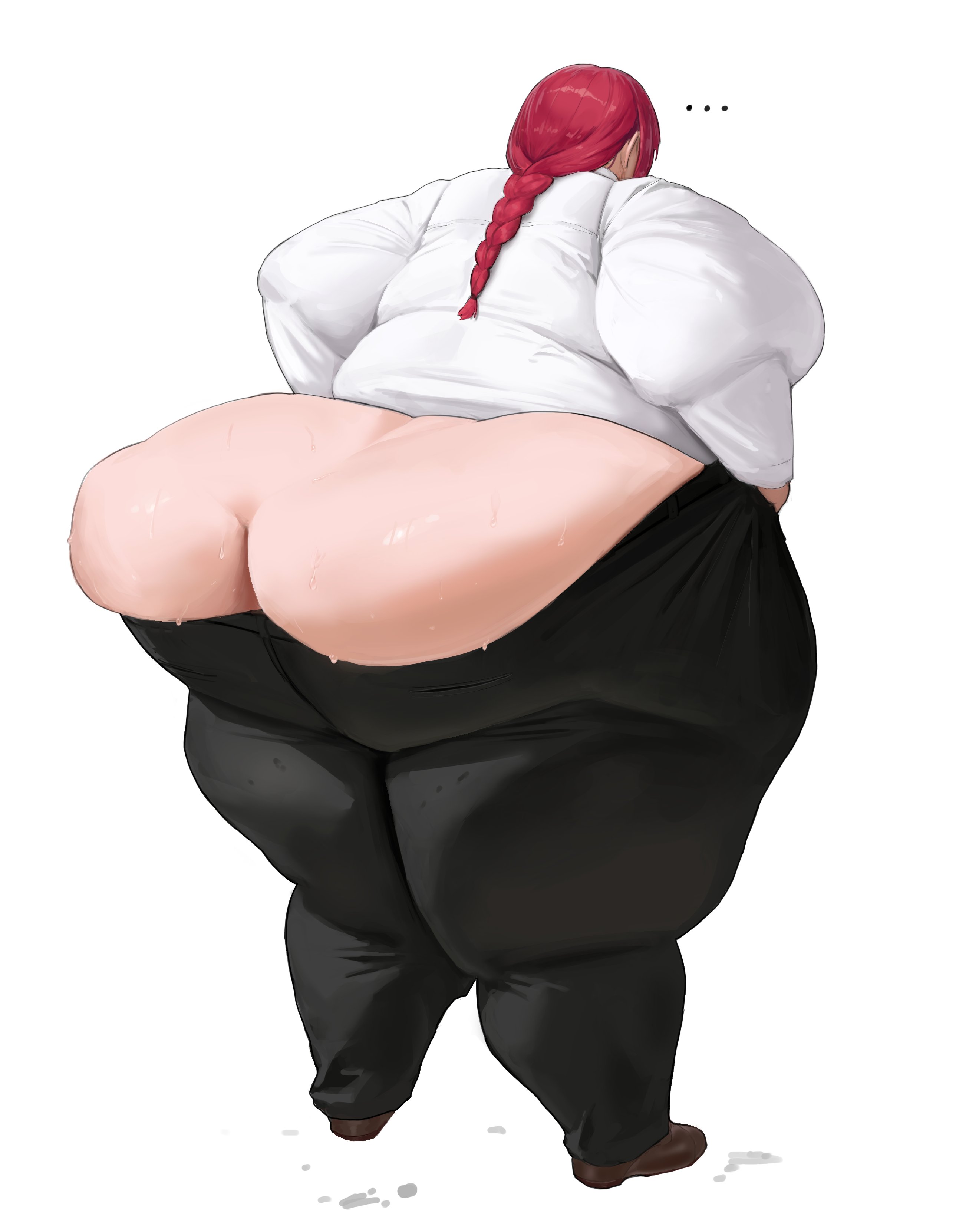 bbw, big ass, business attire, business suit, business woman, chainsaw man, fat, fat ass, fat butt, fat female, female, huge ass, makima (chainsaw man), obese, obese female, overweight, overweight female, pulling clothing, red hair, redhead female, softon, ssbbw, sweat, sweatdrop, sweating, sweaty, sweaty body