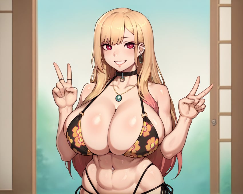 1girls, 6 fingers, abs, accessory, ai generated, alternate breast size, bikini, breasts, female, female only, human, imminent sex, kitagawa marin, looking at viewer, massive breasts, peace sign, smiling, smogai, solo, sono bisque doll wa koi wo suru, tagme
