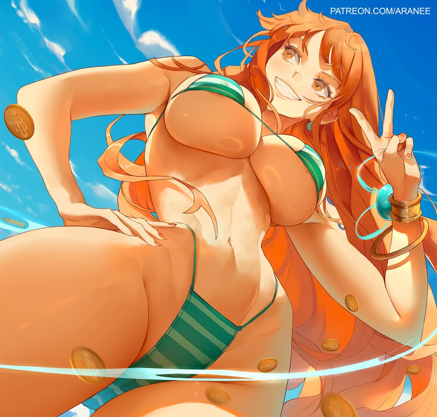 1girls, 2d, 2d (artwork), 2d artwork, 4k, 4k resolution, araneesama, areolae, background, berry, big breasts, big thighs, bikini, bikini bottom, blue background, blue sky, breasts, brown eyes, brown-eyed female, clothing, cloud, clouds, female, female focus, female only, green bikini, hi res, high quality, high resolution, higher resolution available, highres, money, nami (one piece), one piece, orange hair, orange-haired female, red hair, redhead female, sfw version, sky, smile, smiley face, solo, solo female, solo focus, thick thighs, thighs, white bikini