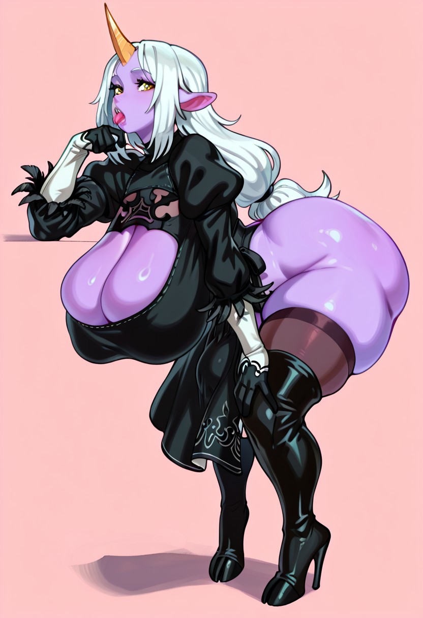 1futa, ai generated, ass, ass up, bent over, big breasts, big penis, black dress, breasts, bulge, cosplay, futa only, futanari, hooves, horn, huge ass, huge breasts, huge butt, intersex, large breasts, league of legends, leaning forward, long hair, massive breasts, nier: automata, open mouth, pantyhose, penis, pointy ears, ponytail, purple body, purple skin, skindentation, solo, soraka, standing, thick thighs, thigh boots, tongue, tongue out, white hair, wide hips, yellow eyes, yorha 2b (cosplay)