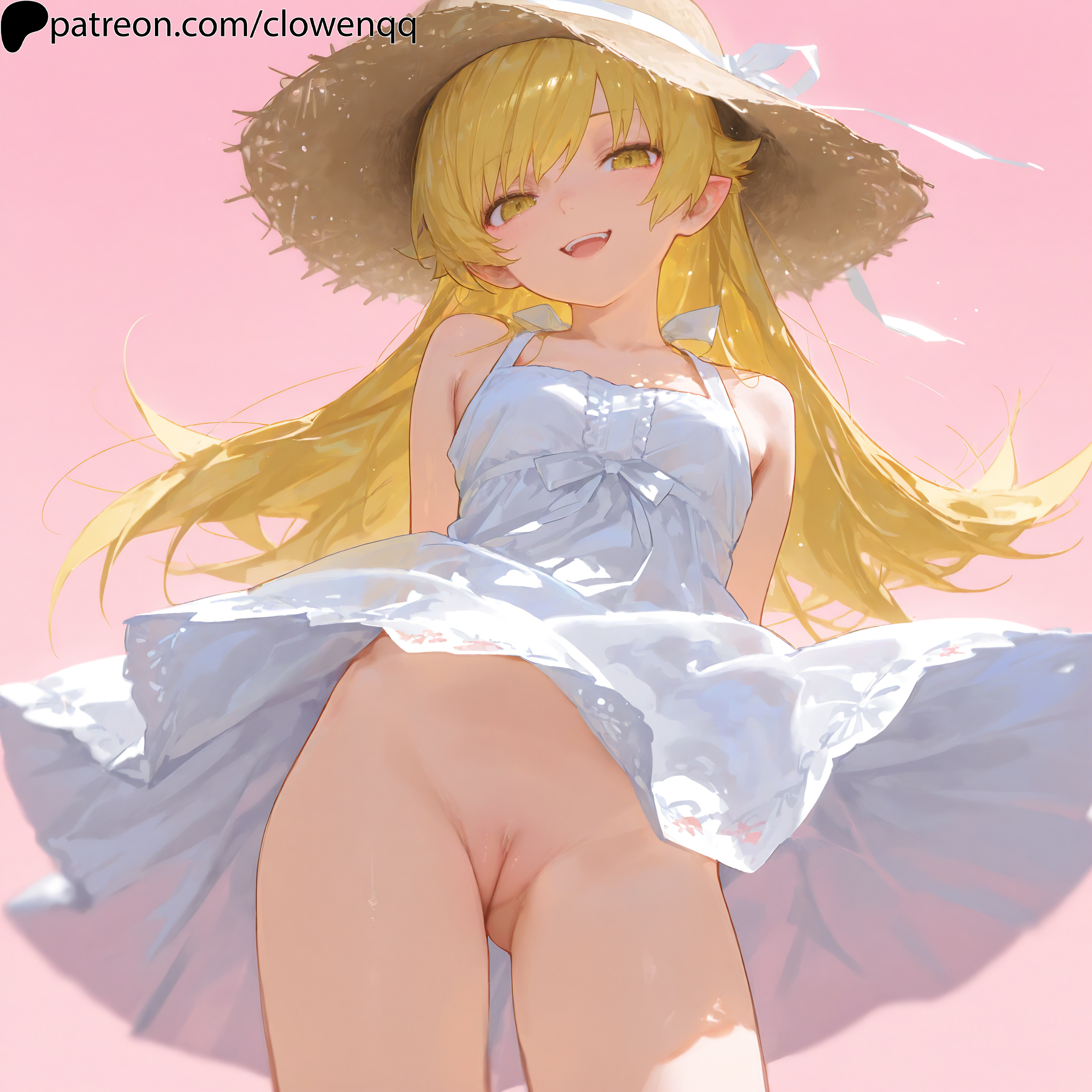1girls, ai assisted, ai generated, arms behind back, blonde hair, blush, cleft of venus, clowenqq, dress, female, female focus, female only, innie pussy, long hair, looking at viewer, low-angle view, monogatari (series), no panties, open mouth, oshino shinobu, pussy, smile, smiling, smiling at viewer, solo, solo female, solo focus, stable diffusion, standing, straw hat, thighs, uncensored, yellow eyes
