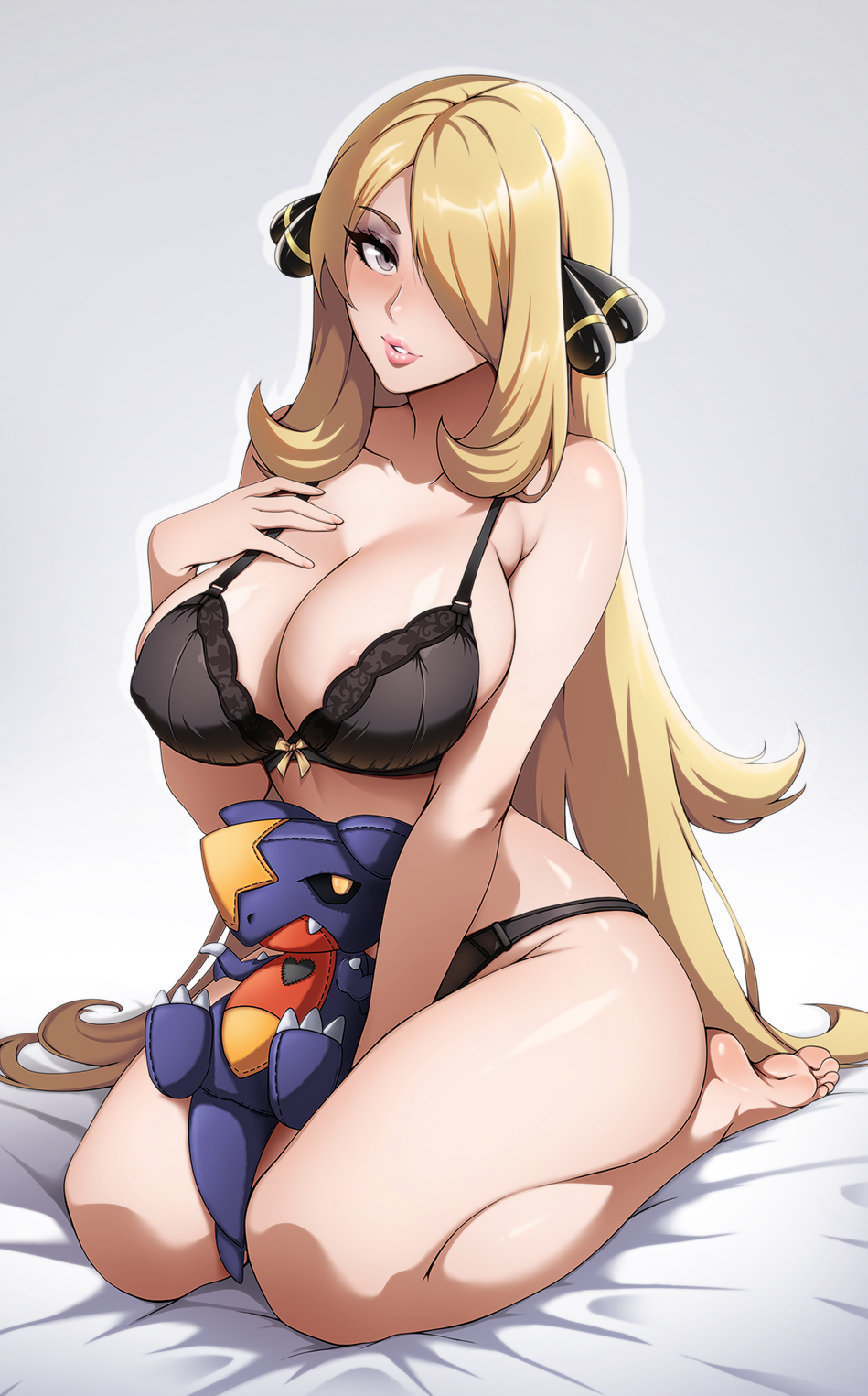1girls, areola slip, armpit crease, barefoot, bed sheet, black bra, black panties, blonde hair, bra, breasts, cleavage, collarbone, commentary, curvy, cynthia (pokemon), english commentary, female, full body, garchomp, gen 4 pokemon, grey eyes, hair ornament, hair over one eye, highres, holding, holding stuffed toy, large breasts, lips, long hair, looking at viewer, nintendo, panties, parted lips, pokemon, pokemon dppt, seiza, sitting, sonicbluespeed, stuffed toy, thighs, underwear, underwear only, very long hair