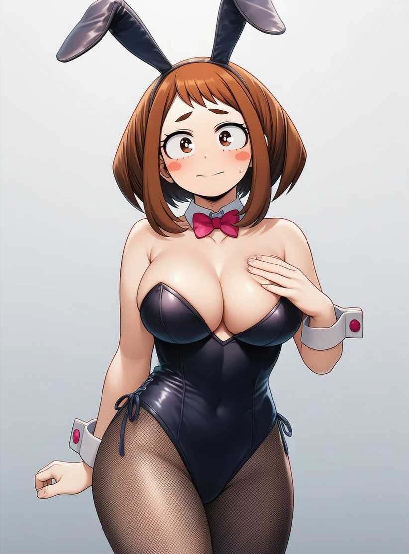 1girls ai_generated blush breasts bunnysuit female my_hero_academia ochako_uraraka provocative_clothing shy