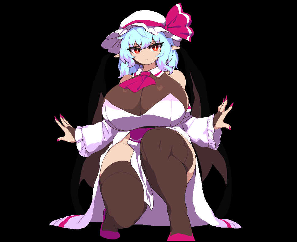 1girl, animated ascot, bare_shoulders, bat_wings, black_background, blue_hair, breasts, cleavage, detached_sleeves, dress, fingernails, full_body, hat, hat_ribbon, huge_breasts, medium_hair, mob_cap, namako_(takorin) pointy_ears, red_ascot, red_eyes, remilia_scarlet ribbon, simple_background, solo, takorin thick_thighs, thighhighs, touhou wings,