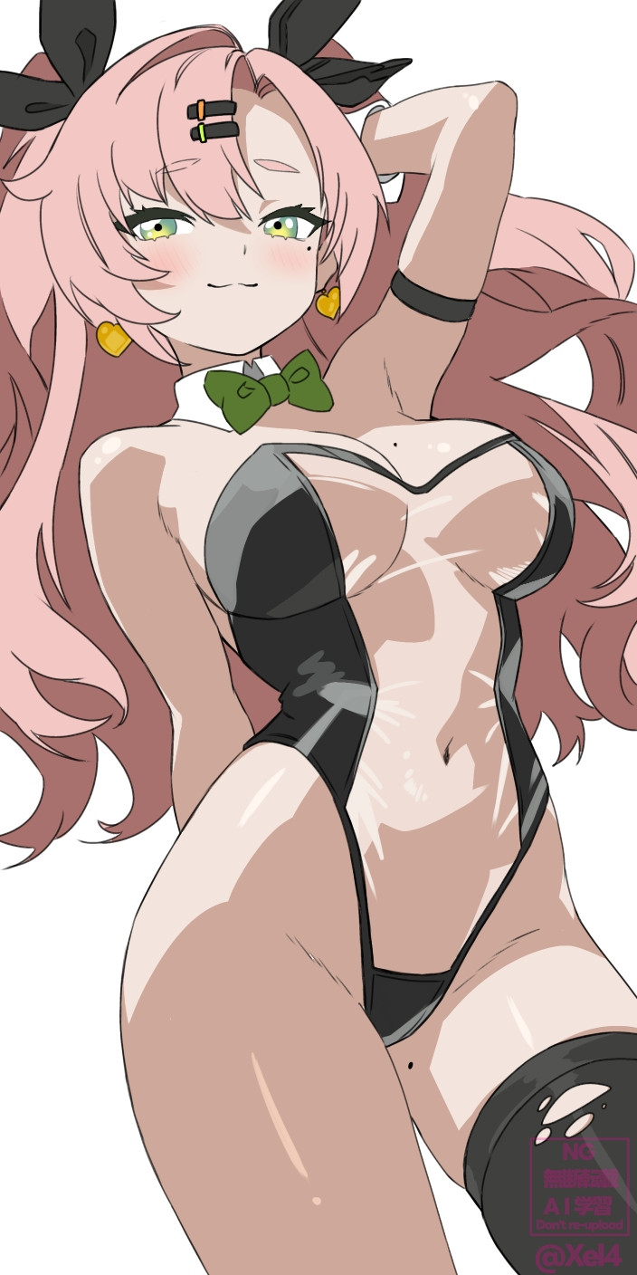 1girls, 2d, artist name, blush, bowtie, breasts, ear piercing, earrings, female, green eyes, hair ornament, hair ribbon, hairclip, heart shaped earrings, huge breasts, large breasts, mole on breast, mole under eye, nicole demara, pink hair, smiling, thick thighs, thighhighs, transparent bunnysuit, xel4, zenless zone zero
