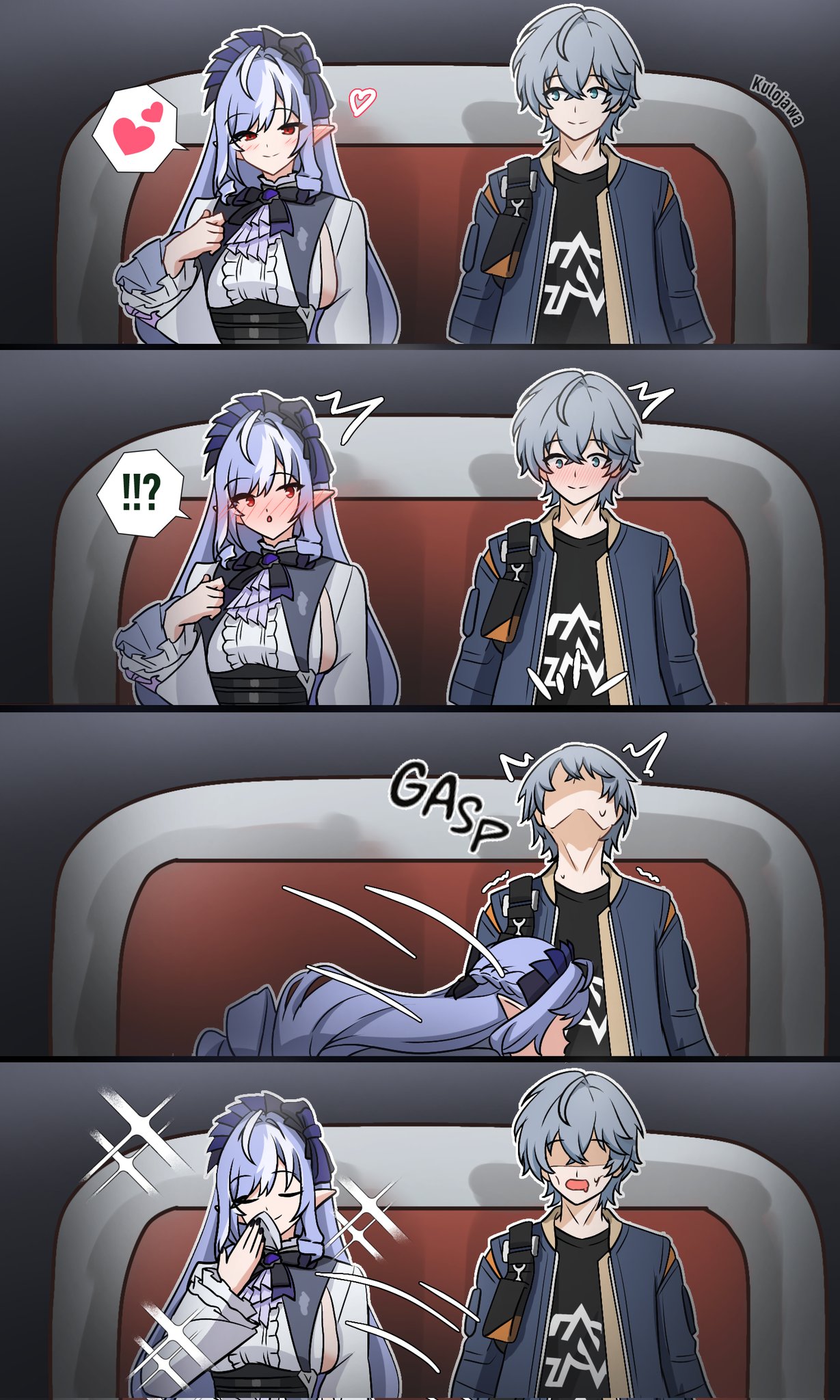 !?, ^^^, 1boy, 1girls, 4koma, blue hair, blush, breasts, center frills, comic, female, frills, grey hair, heart, highres, implied erection, implied fellatio, kulojawa, large breasts, long hair, male, pointy ears, recurring image, red eyes, sideboob, sparkle, spoken heart, spoken interrobang, straight, vivian (zenless zone zero), vivian banshee, wiping mouth, wise (zenless zone zero), zenless zone zero