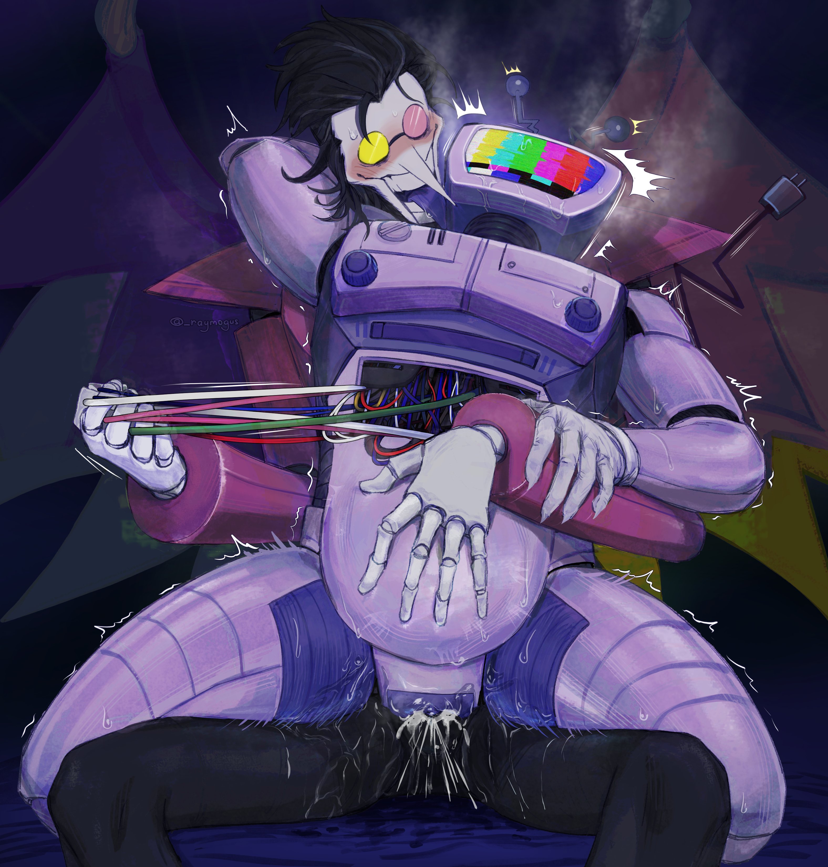 2boys, cuntboy, deltarune, gay, gay sex, hand on belly, male, naked, naked male, orgasm, overheated, overstimulation, penis, raymogus, robot, robot humanoid, sitting on lap, sitting on penis, spamtenna, spamton g spamton, spamton neo, spread legs, squirting, steam, steamy breath, tenna (deltarune), thick thighs, tv head, undertale (series), vaginal sex, wireplay, yaoi