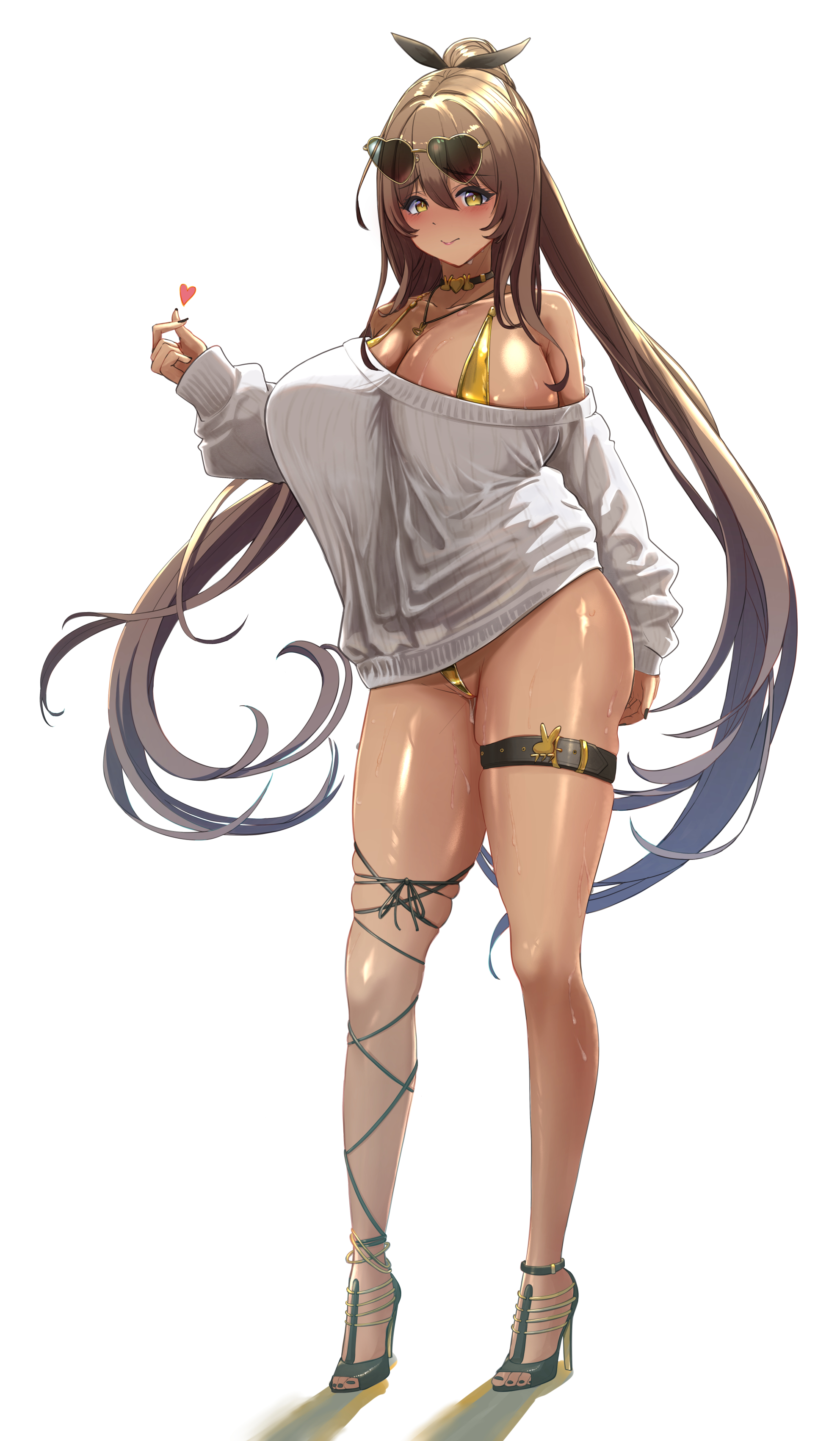 1girls, amber eyes, big breasts, bikini, blush, breasts, brown hair, dark skin, dark-skinned female, eyewear on head, female, female only, finger heart, garter belt, goddess of victory: nikke, golden bikini, heels, hips, ichido lamb0141, long hair, looking at viewer, mostly clothed, noir (nikke), skimpy bikini, skimpy clothes, skimpy swimwear, sunglasses, sweat, sweatdrop, sweating, sweaty, tagme, thighs