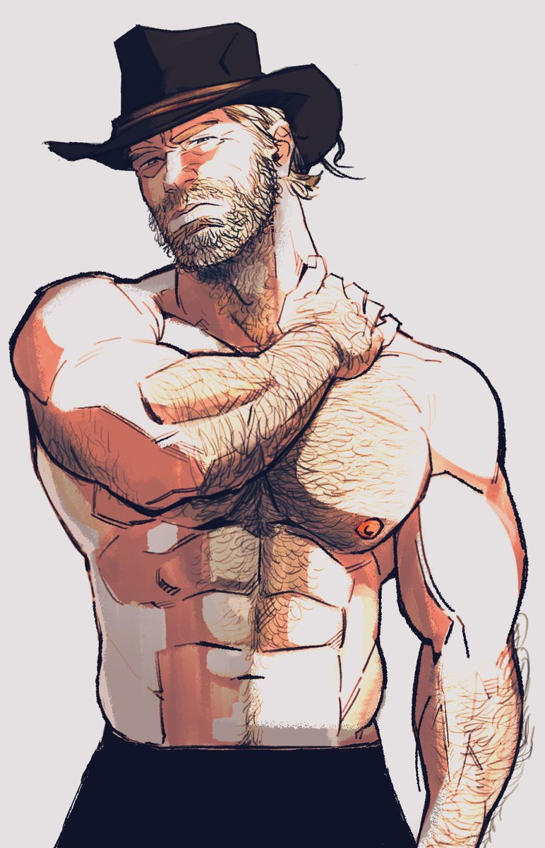 arthur morgan, bara, blonde hair, bonjourdraws, chest hair, cowboy, cowboy hat, daddy, dilf, hairy, hairy chest, human, human artist, male, male only, muscular, muscular male, no ai, red dead redemption (series), red dead redemption 2, solo, solo focus, solo male
