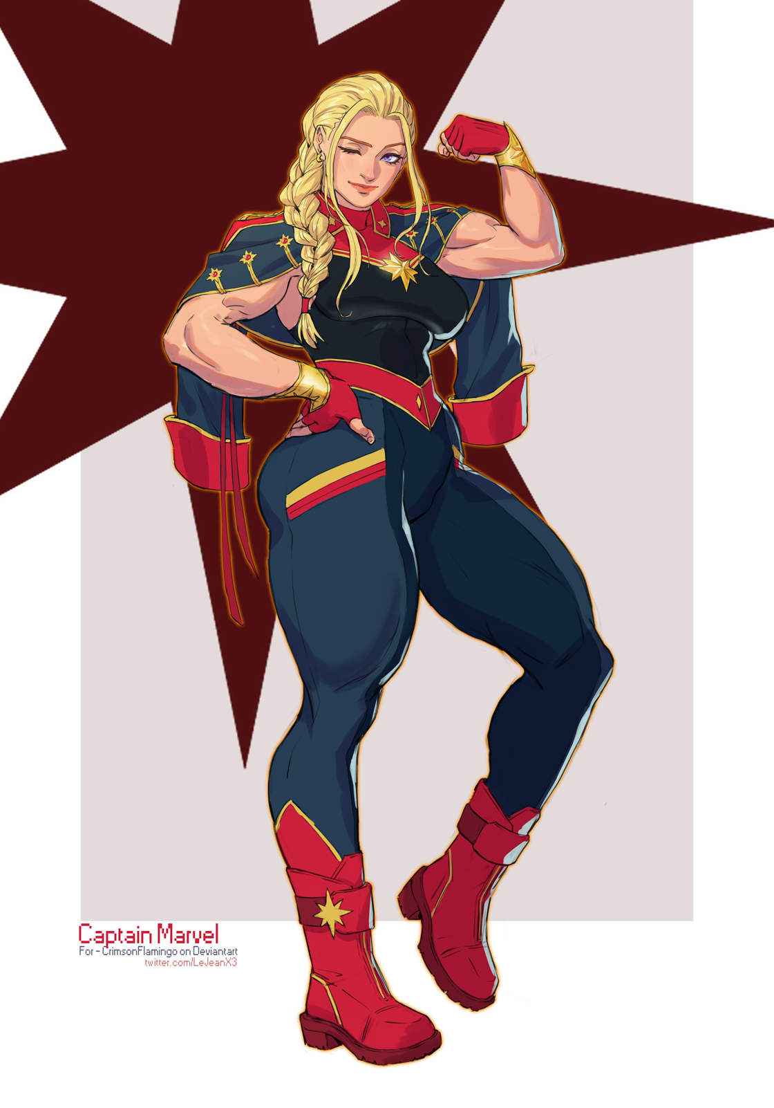 ass, biceps, big ass, big butt, blonde female, blonde hair, boots, captain marvel, carol danvers, clothed, clothes, clothing, fat ass, fat butt, female, female focus, female only, jacket, jacket on shoulders, lejeanx3, marvel, marvel comics, muscular, muscular biceps, muscular female, muscular thighs, superheroine, thick ass, thick butt, thick thighs, thighs, wink