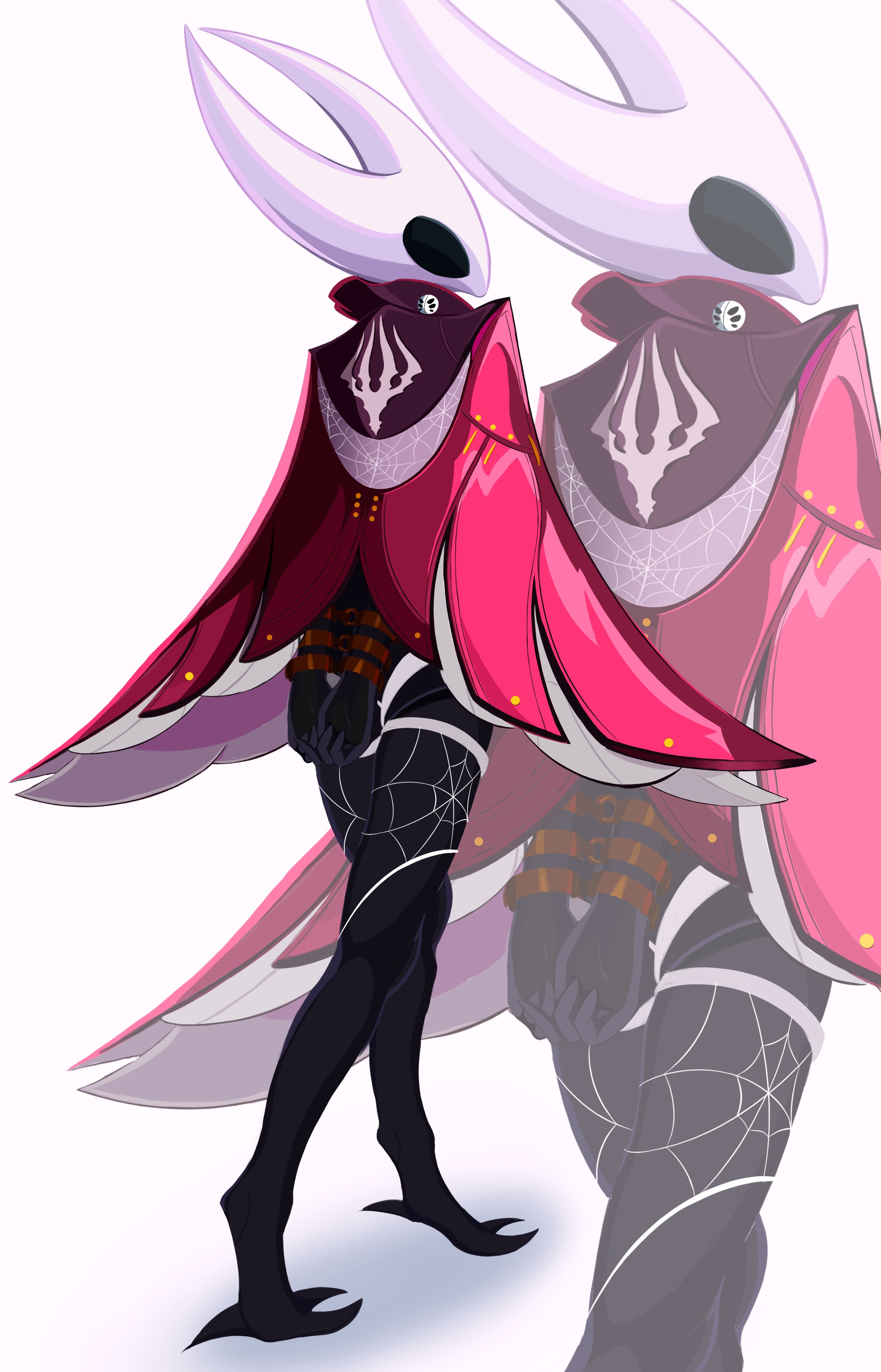 1girls, black body, cape, female, female focus, female only, hollow knight, hollow knight: silksong, hornet (hollow knight), insect, insect girl, lingerie, looking at viewer, looking back, spider, spider girl, tagme, team cherry, white background, white lingerie